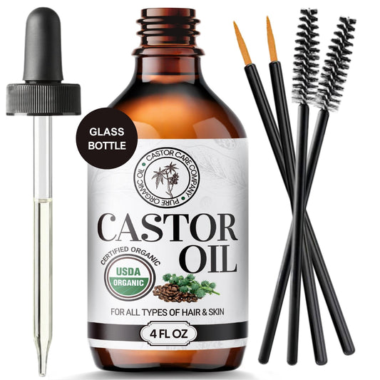 BodyJ4You Organic Castor Oil (4 Fl Oz) USDA Certified Organic, 100% Pure, Glass Bottle, Cold Pressed, Hexane Free Stimulate Growth for Eyelashes, Eyebrows, Hair. Skin Moisturizer & Hair Treatment