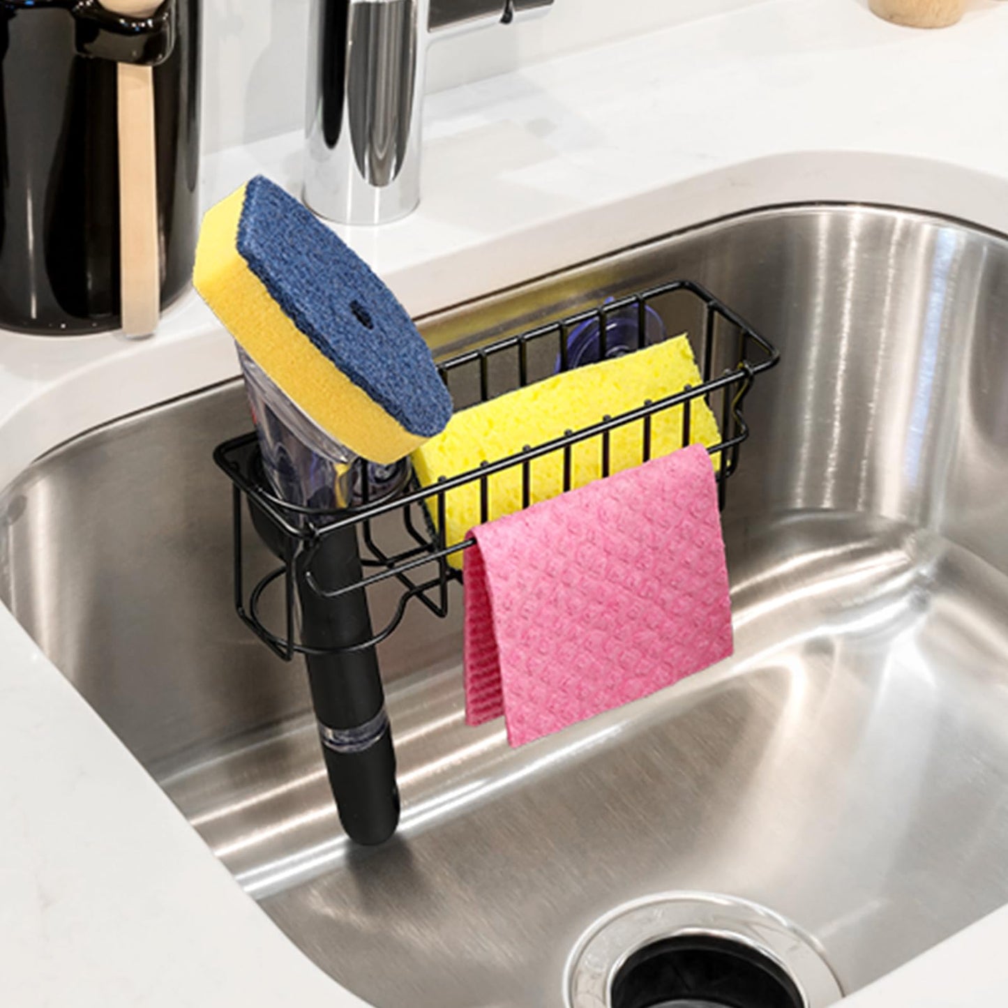 3-In-1 Sponge Holder for Kitchen Sink, 2 Type Suspension Options (Suction Cups & Adhesive Hook), Hanging Sink Caddy Organizer Rack - Sponge, Dish Cloth, Brush, Scrubber, 304 Stainless Steel - Black