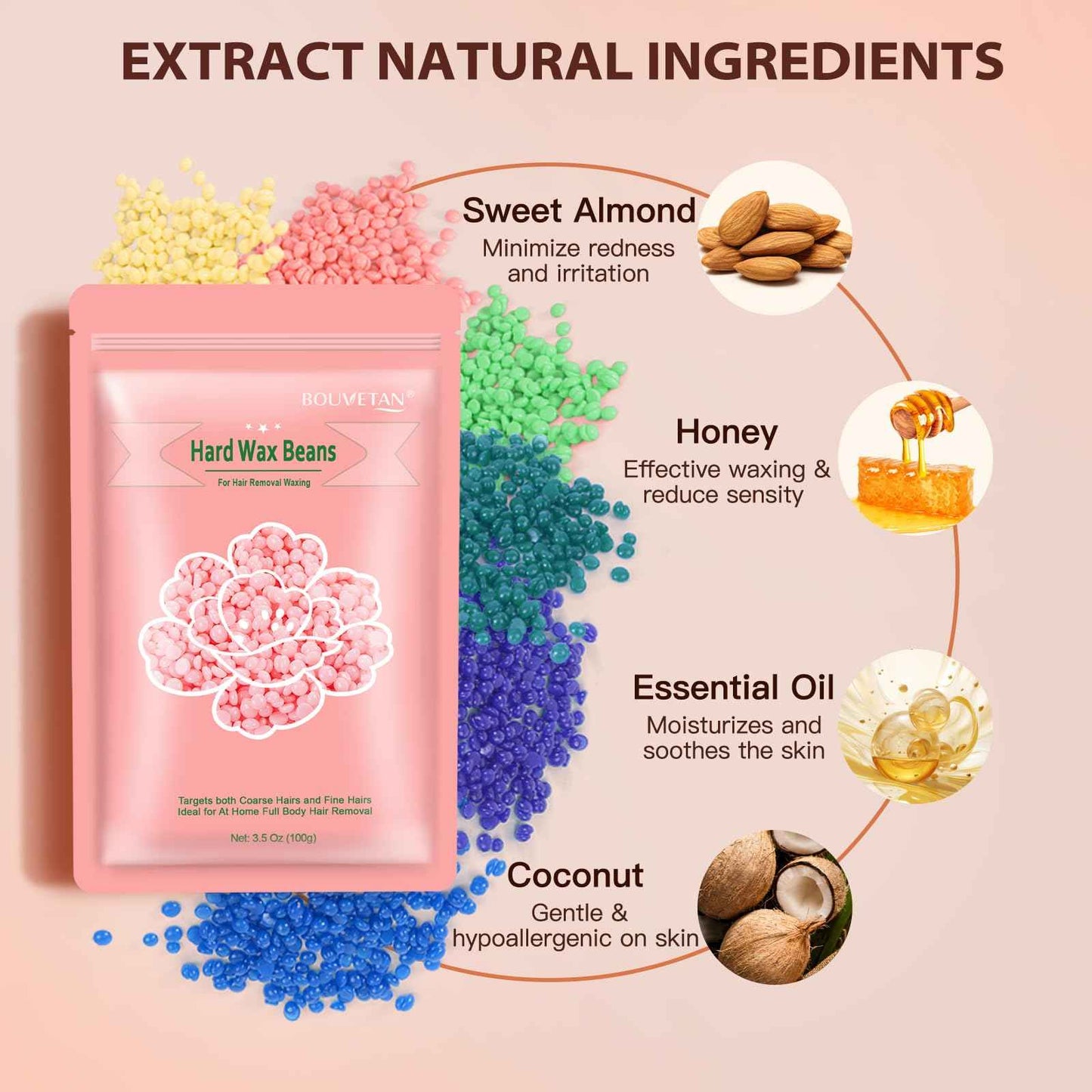 Bouvetan Wax Beads for Hair Removal, 2.2lb/1000g Hard Waxing Beans for Full Body, Brazilian, Bikini, Face, Eyebrows, Home Wax Refill for Women & Men, Pack of 10 with Pre & Post Oil