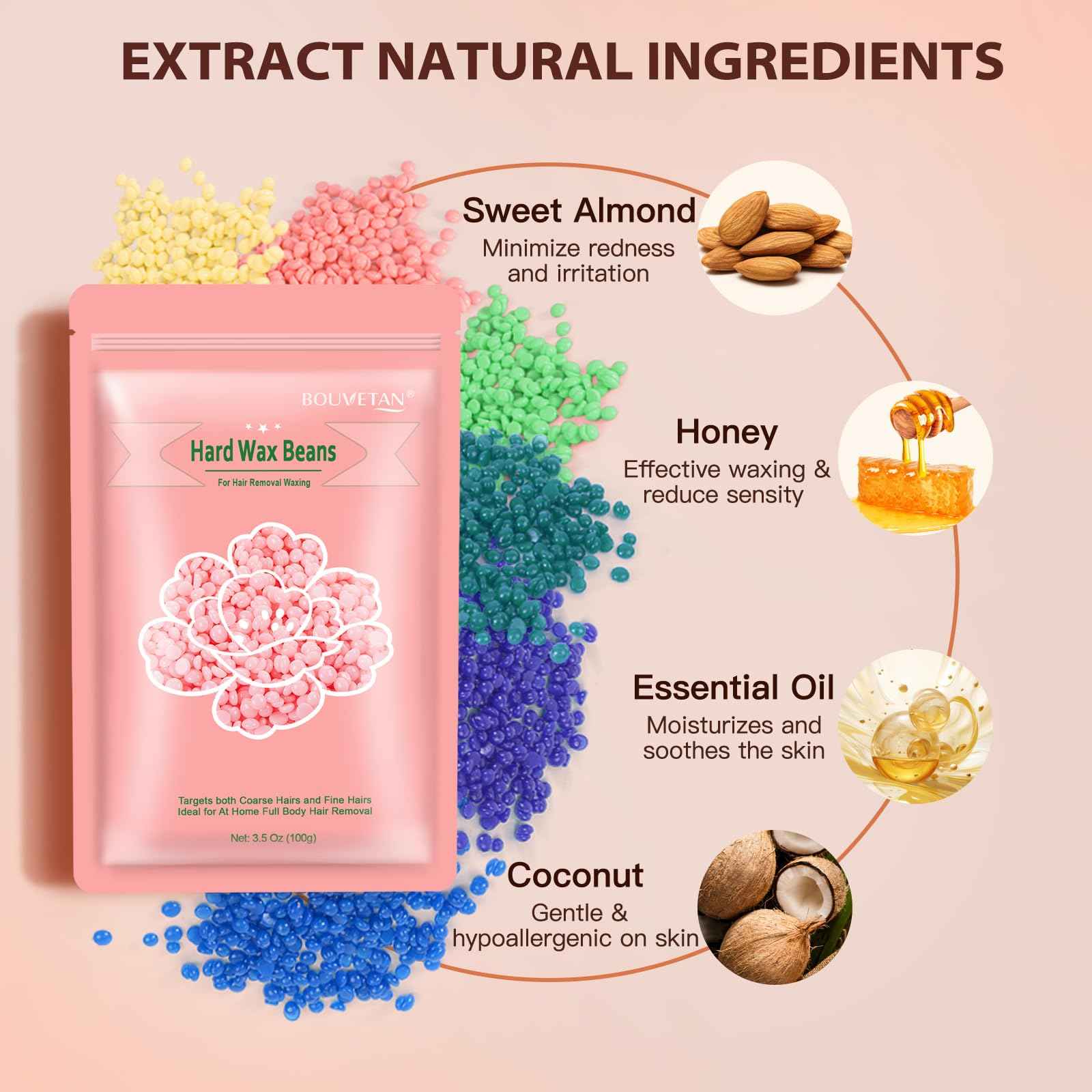 Bouvetan Wax Beads for Hair Removal, 2.2lb/1000g Hard Waxing Beans for Full Body, Brazilian, Bikini, Face, Eyebrows, Home Wax Refill for Women & Men, Pack of 10 with Pre & Post Oil