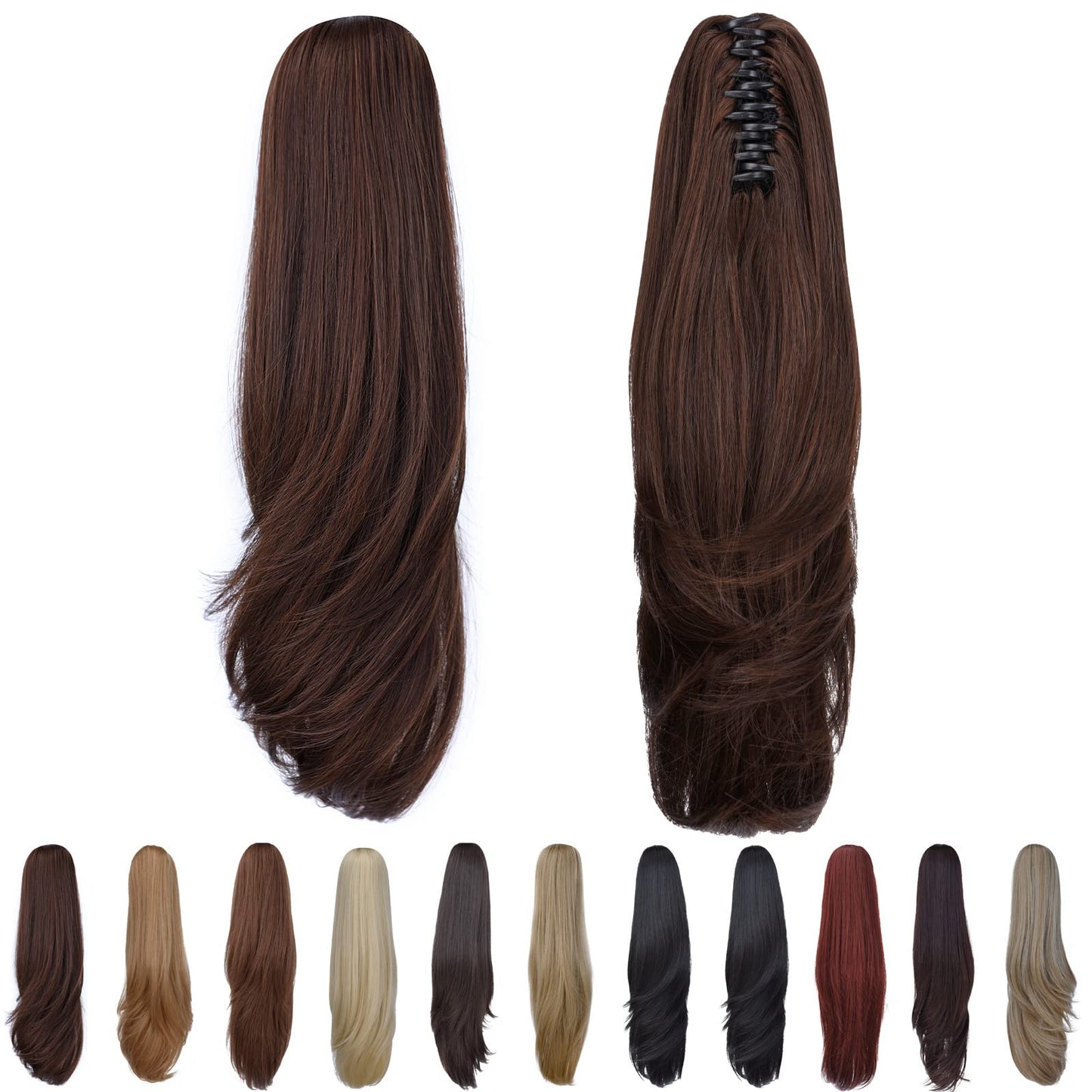 SYXLCYGG Brown Clip Ponytail Extensions Straight Clip Claw Ponytails 18" 4.3 OZ Synthetic Like Real Hair Fake Hair piece Yaki Women Easy To Use Fluffy Yaki