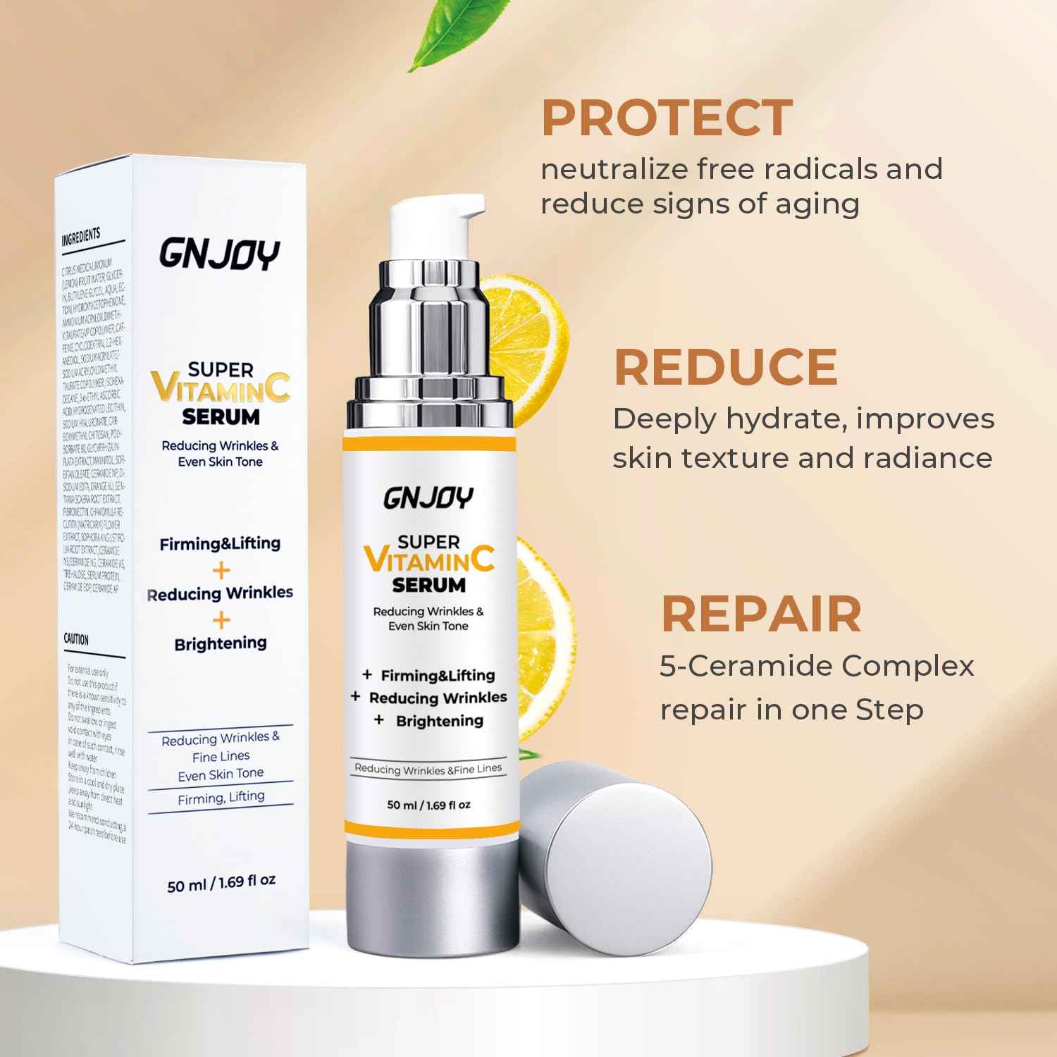 GNJOY Vitamin C Serum for Face | 84% Super C Serum for Women Over 70, with Vitamin C Hyaluronic Acid Caffeine for Mature Skin All-In-One Hydrate, Repair, Firm, Lift, Smooth Fine Lines - 50ml