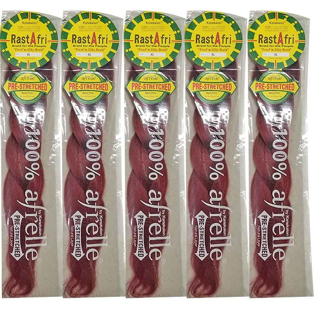 RastAfri Pre-Stretched Silky Braiding Hair (5 Single Packs, Burgundy)
