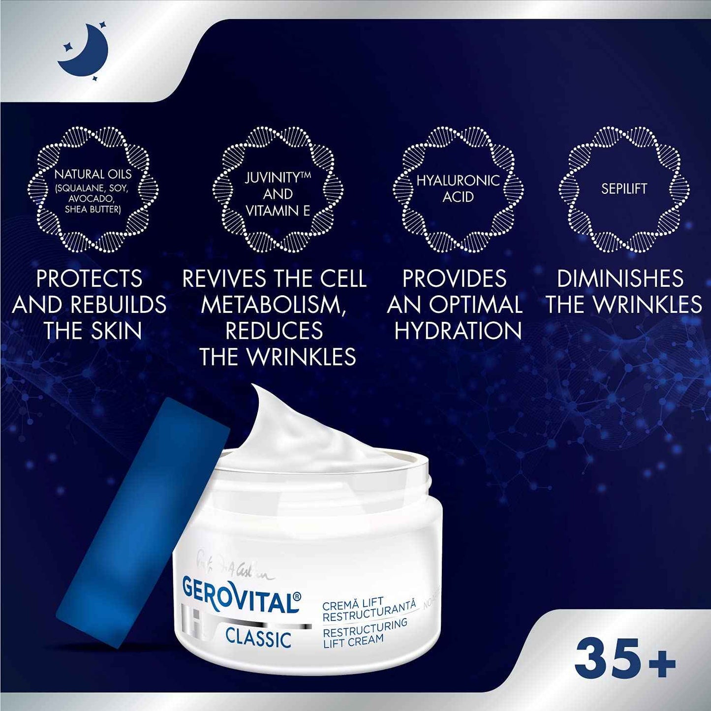 GEROVITAL CLASSIC Restructuring Lifting Cream Night Care with Hyaluronic Acid, Juvinity™, Vitamin E, Anti-wrinkle, Anti-Age Face Cream, Face Moisturizer, 50 ml