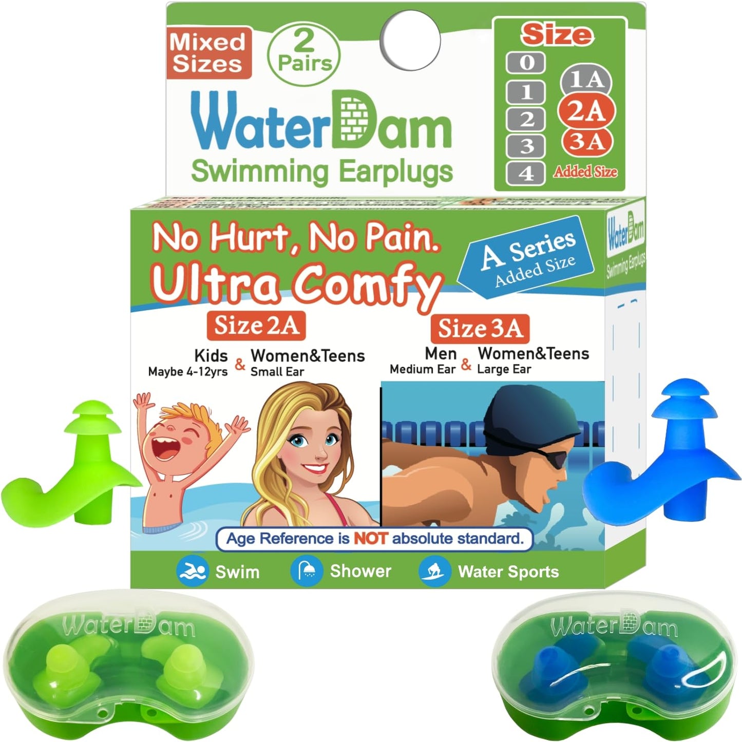 WaterDam A-Series Swimming Ear Plugs Ultra Comfy Great Waterproof Earplugs (Mixed Sizes, Size 2A+3A: Medium-Large Ear Women&Teens & Small-Medium Ear Men (Green Blue))