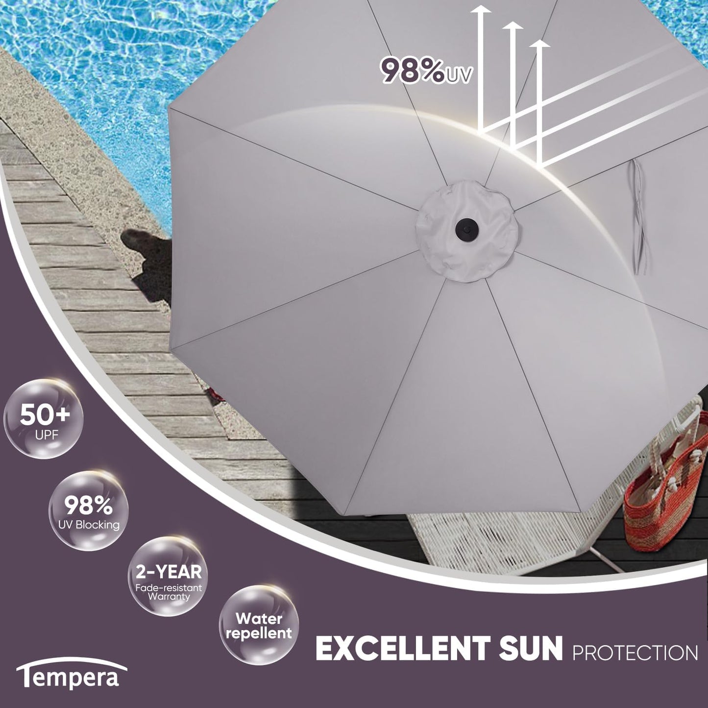 Tempera 7.5ft Patio Market Outdoor Table Umbrella with Push Button Tilt and Crank,Large Sun Umbrella with Sturdy Pole&Fade resistant canopy,Easy to set,Grey