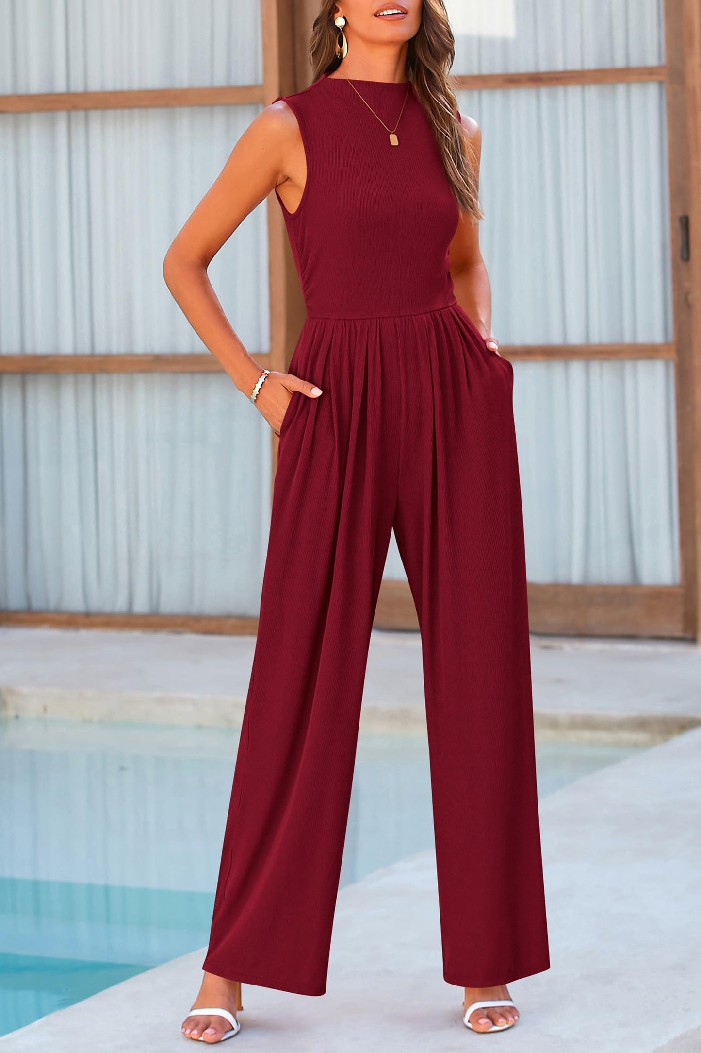 PRETTYGARDEN Womens Summer Jumpsuits Dressy Casual One Piece Outfits Sleeveless Mock Neck Wide Leg Pants Rompers with Pockets (Wine Red,Small)