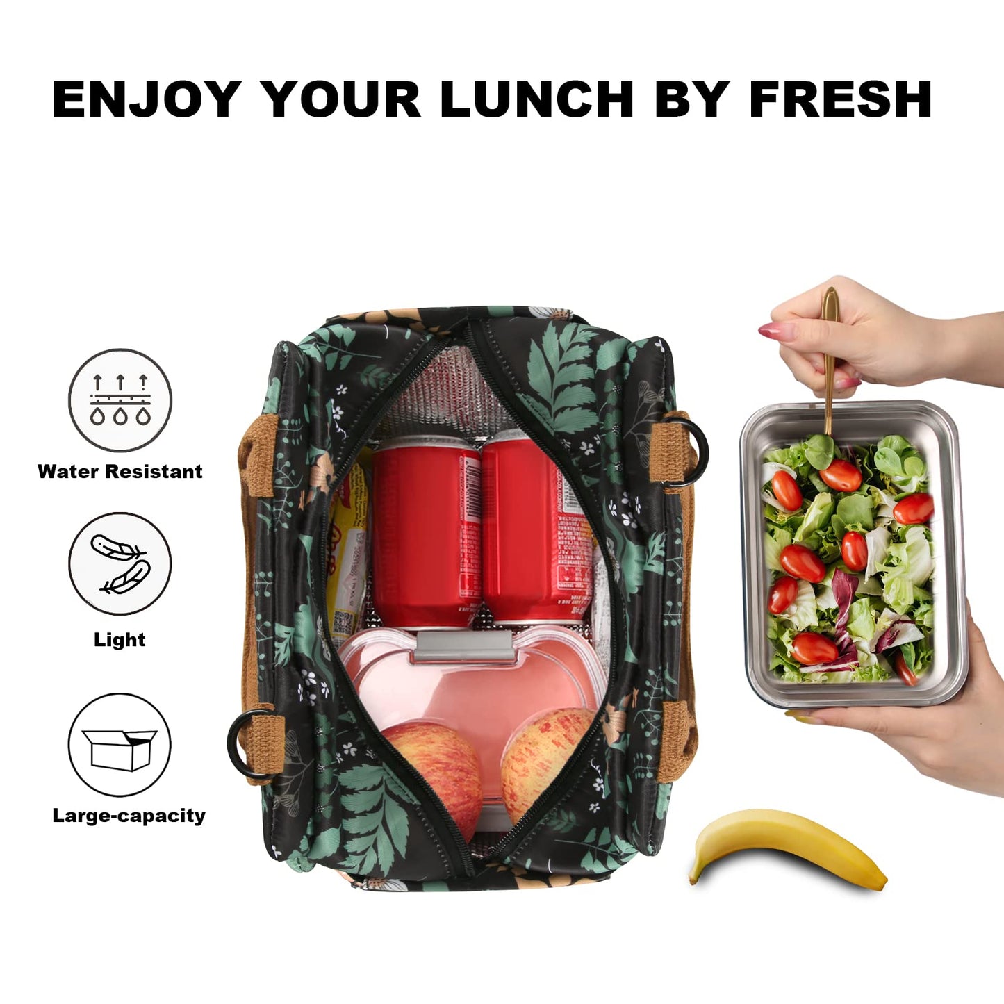 Joymee Lunch Bag - Large Capacity, Insulated, Reusable, Durable, Adjustable Shoulder Strap, Green Leaf