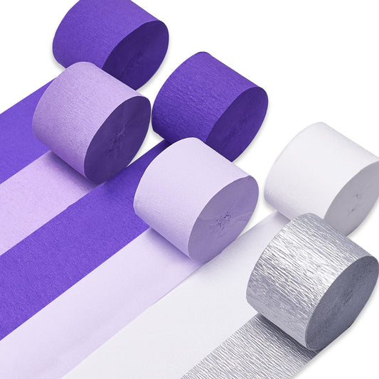 PartyWoo Crepe Paper Streamers 6 Rolls 492ft, Pack of Purple, Dark Purple, Silver and White Party Streamers for Birthday Decorations, Party Decorations, Wedding Decorations (1.8 Inch x 82 Ft/Roll)