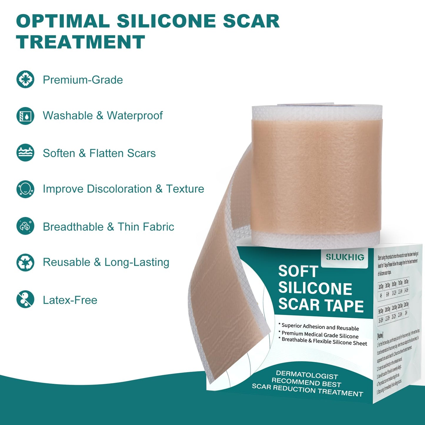 Silicone Scar Sheets (1.6"x 79" Roll-2M), Silicone Scar Tape for Scar Removal Treatment, Reusable Silicone Scar Strips for C-Section, Keloid, Burn, Acne, Surgical Scars