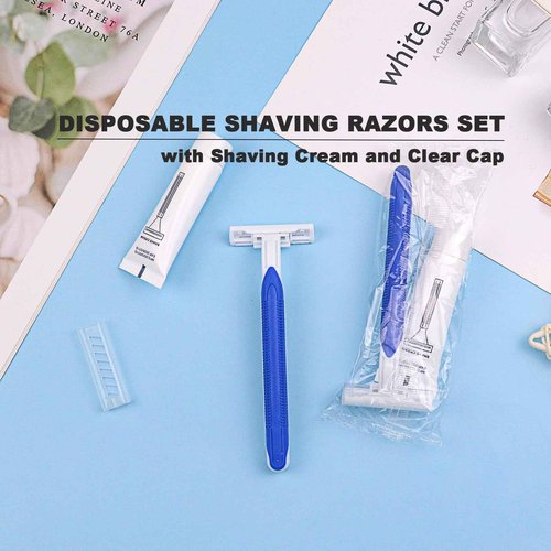 Disposable Razors in Bulk Pack of 60,Blue Disposable Shaving Razors Individual Wrapped Twin Blade Bulk Disposable Razors with Clear Cap and 10g Shaving Cream for Homeless,Hotel,Travel,Charity,Shelter