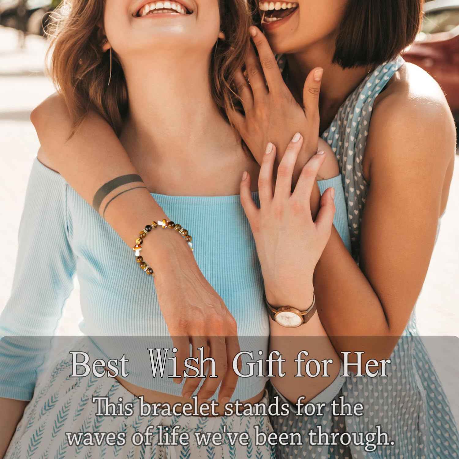 FJHAIY Mushroom Cosmetic Bag & Bracelets Gift Set - 50PCS Mushroom Stickers - Perfect for Women, Travel & Cosmetic Storage