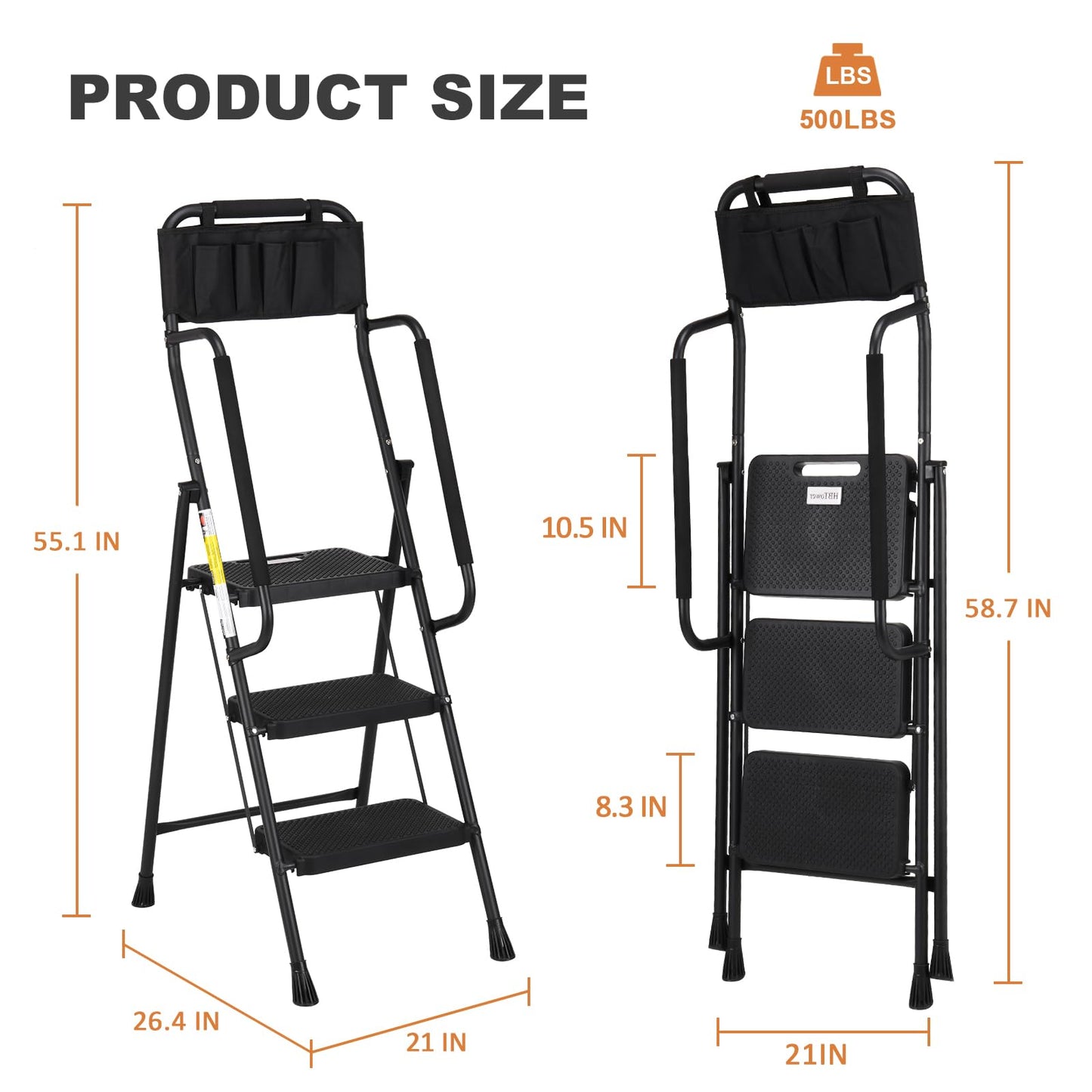 HBTower 3 Step Ladder with Handrails, Folding Step Stool with Wide Anti-Slip Pedal, 500lbs Sturdy Steel Ladder, Convenient Handgrip, Lightweight, Portable Steel Step Stool, Black