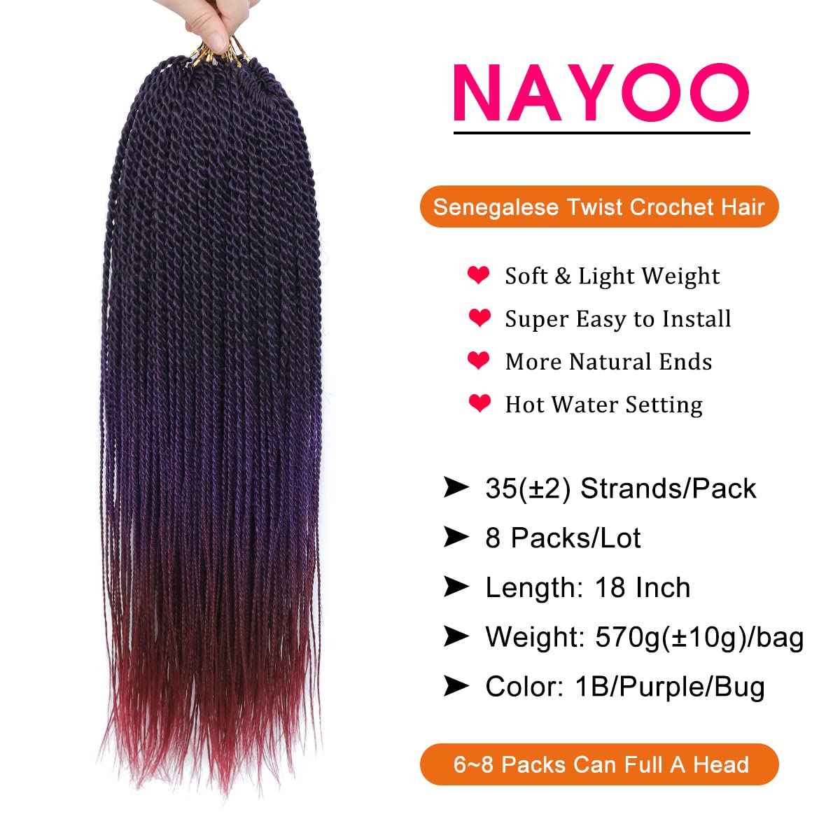 NAYOO Purple Crochet Senegalese Twist, 18 Inch 8 Packs Small Twist Crochet Hair, 35 Strands/Pack Braids, Hot Water Setting (18 Inch, 1B/Purple/Bug)