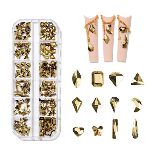 QEZEZA Nail Art Rhinestones Kit, Rhinestone Nail Face Gems, Nail Art Ab Flatback Rhinestones Gems Stones with Storage Organizer Box, (1.5mm - 10mm) 1000PCS 12 Sizes - Gold