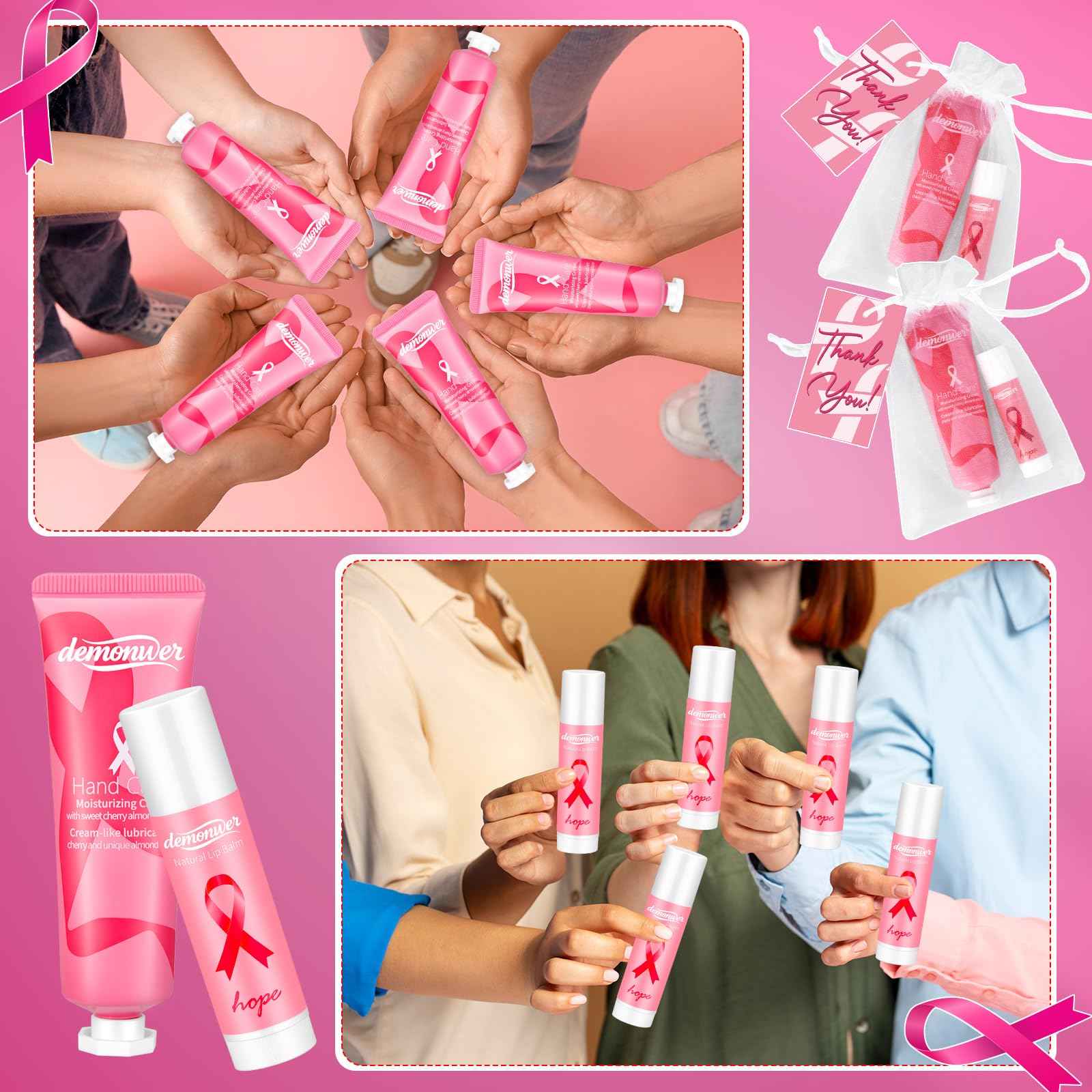 40 Sets Breast Cancer Awareness Favors Pink Ribbon Hand Cream Lip Balm with Thank You Cards Organza Bags Awareness Gifts for Women Nurse Breast Cancer Charity Event Survivor Campaign Party Favors