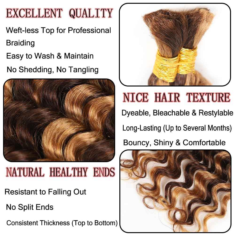 MYMYDA Human Braiding Hair for Boho Braids 14 Inch Curly Deep Wave Bulk 2 Bundles 100g 100% Unprocessed Virgin Hair Knotless Bohemian Braids Extensions Highlight Honey Blonde Color