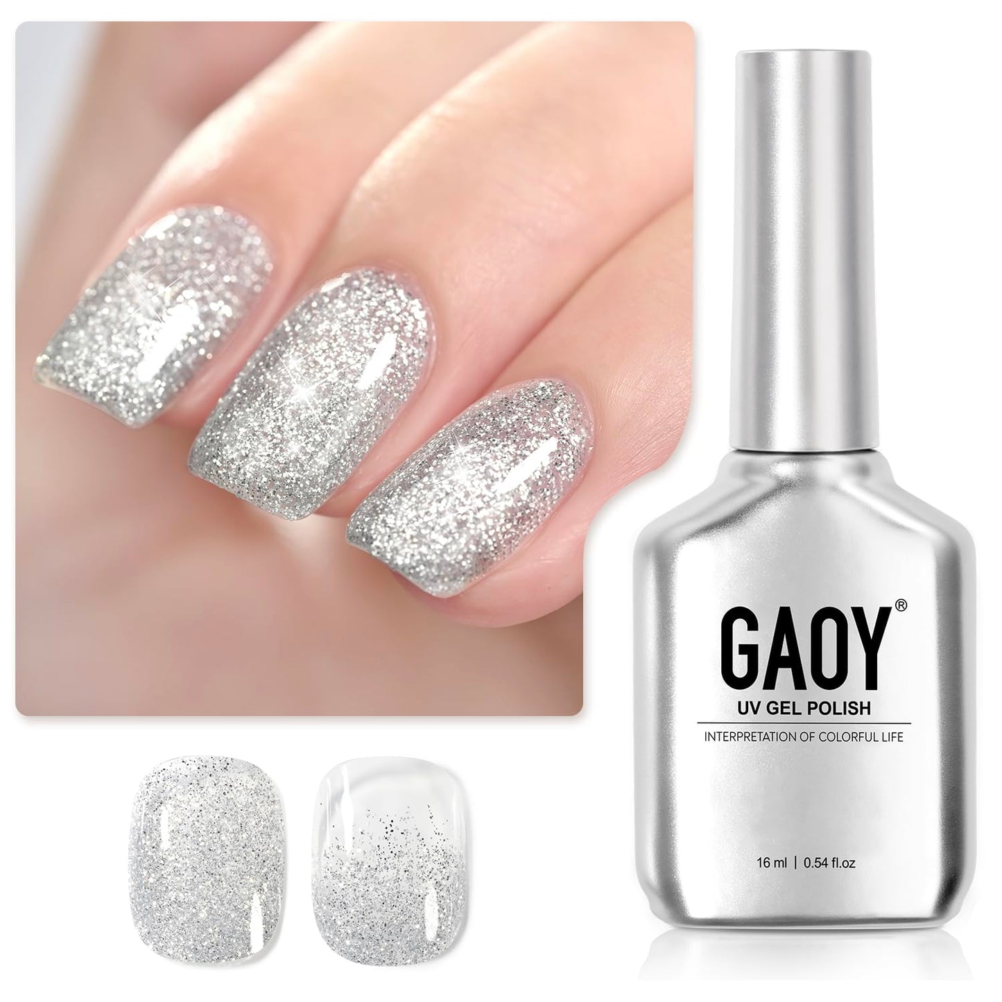 GAOY Glitter Gel Nail Polish, 16ml Silver Sparkly Gel Polish, Diamond Shiny Glitter UV Gel for Nail Art, Soak Off Nail Polish Home DIY Manicure, 1185