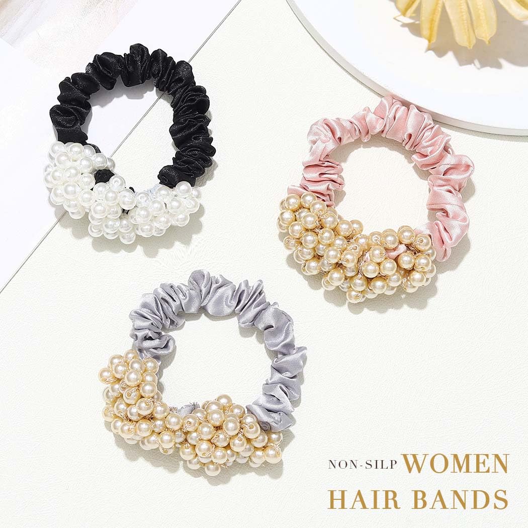 Fashey Pearl Hair Ties Black Beaded Ponytail Holder Satin Hair Scrunchies Elastic Hair Bands Simple Hair Accessories for Women and Girls(Pack of 3) (B)