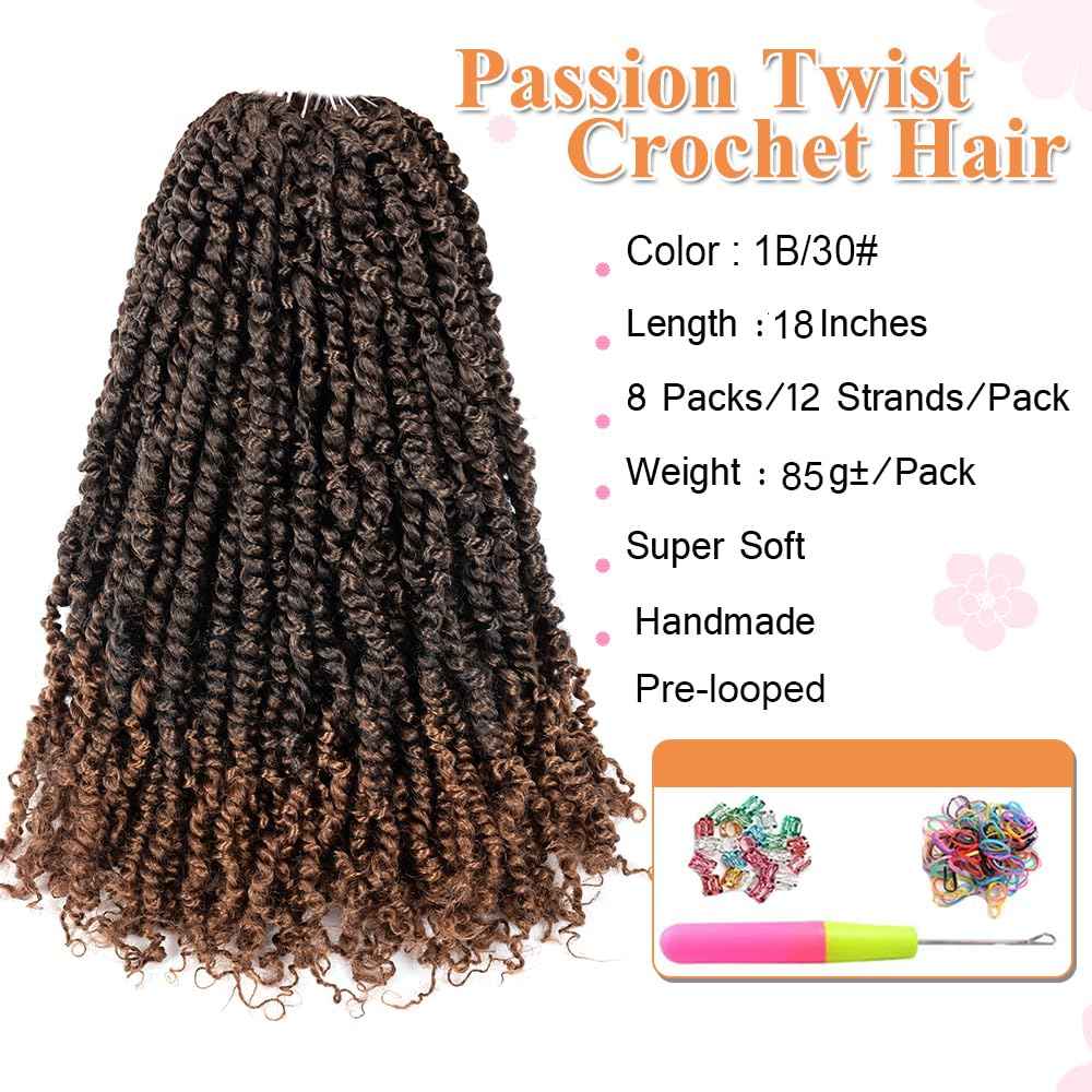 Umylar Passion Twist Hair 18 Inch 8 Packs Pre-twisted Passion Twist Crochet Hair Bohemian Braids Pre-looped Crochet Hair For Women Synthetic Hair Extension (18 Inch (Pack of 8), 1B/30#)