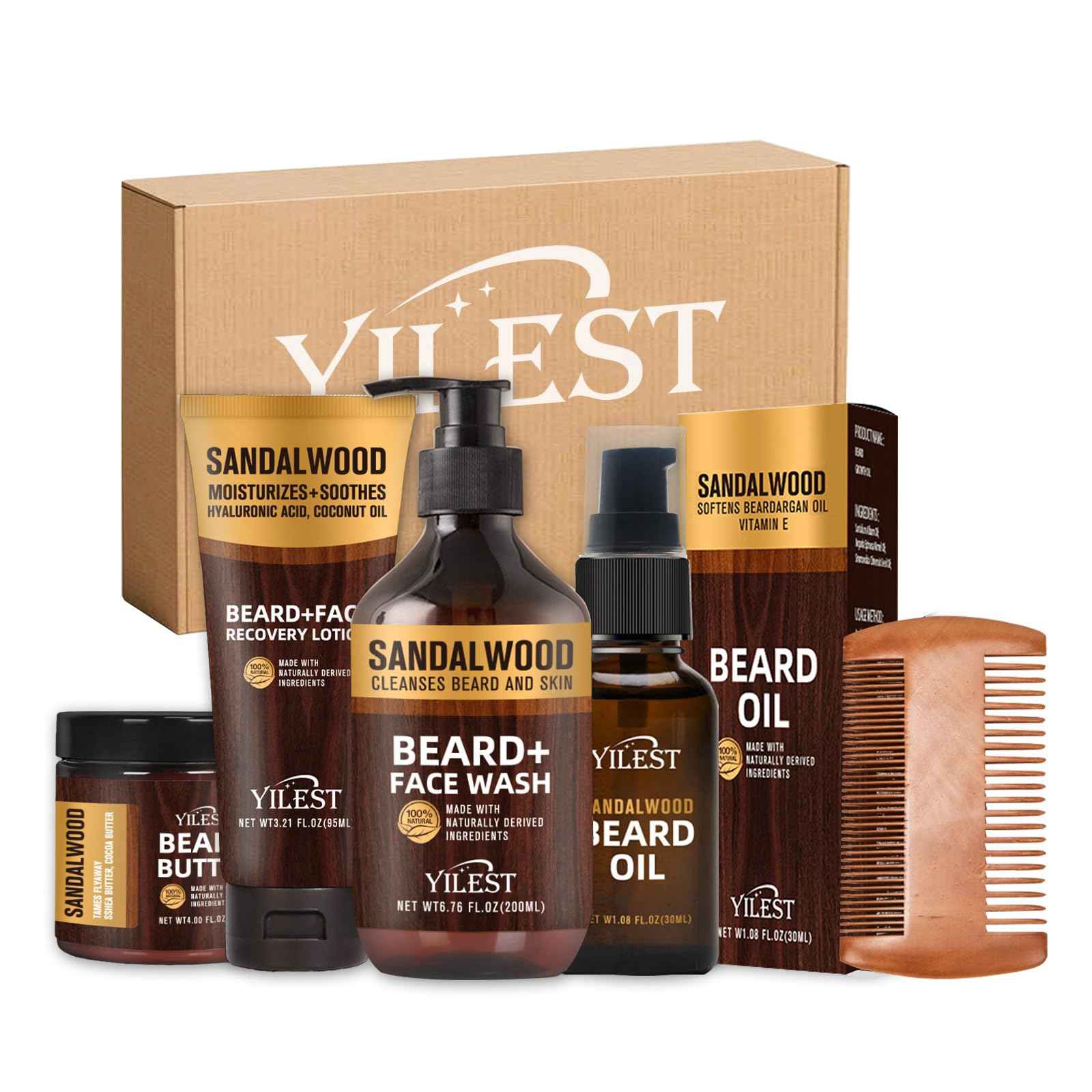 Sandalwood Beard Care Set | Nourish Follicles for Elastic Growth, Deeply Condition with Butter & Oil, Soothe Skin with Recovery Lotion & Gentle Wash