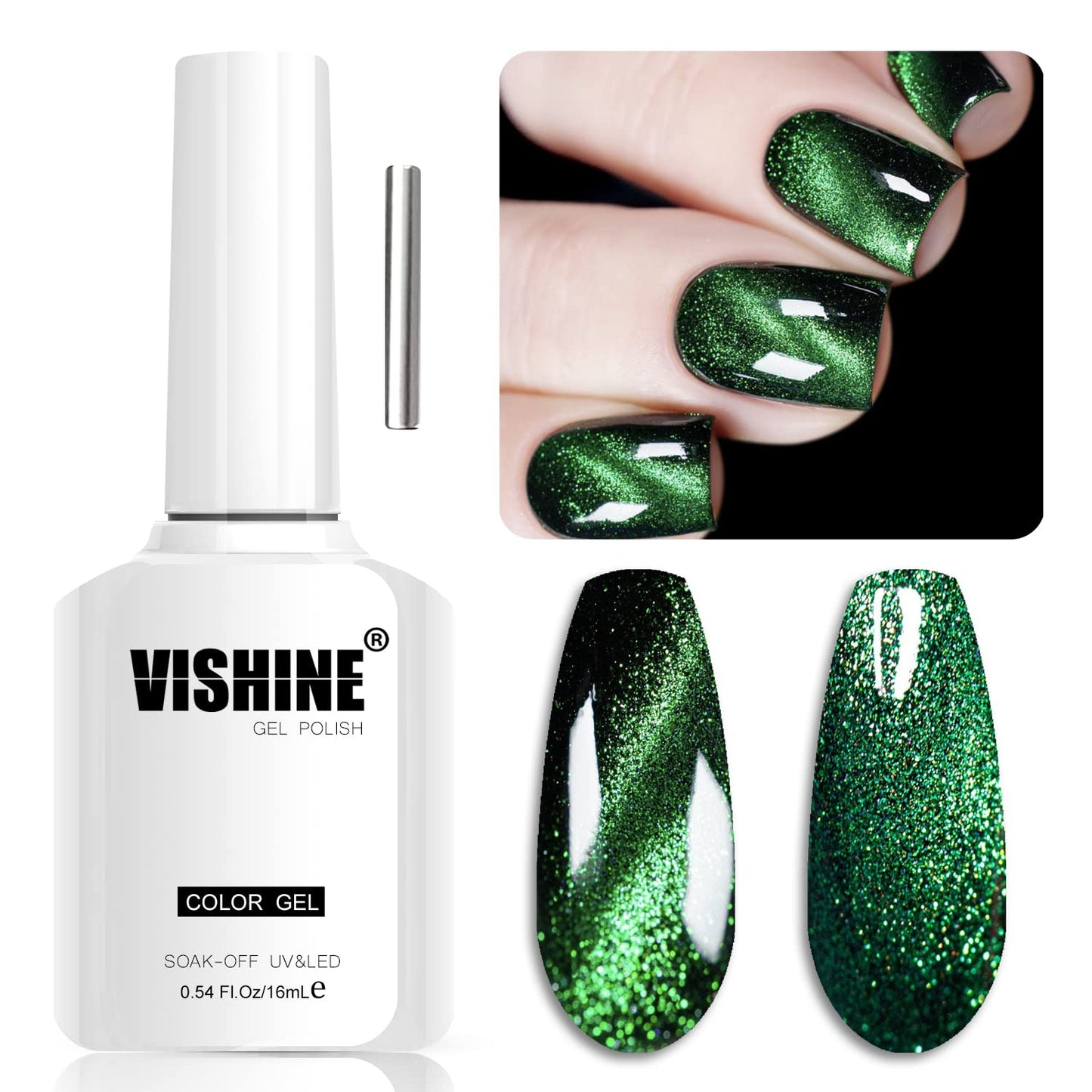 Vishine 9D Cat Eye Green Gel Nail Polish with Magnet Galaxy Cateye Chameleon Nail Gel Polish Manicure Soak Off UV Gel DIY Salon Home 16ml