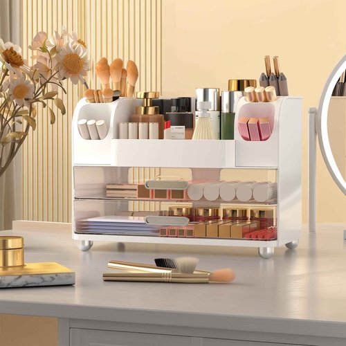 Ailleda Makeup Organizer Countertop with 2 Large Drawers, Vanity Organizer with Brush Holder, Skin Care Storage for Dresser, Perfume Organizer for Lotion, Lipsitck, Palette(White)