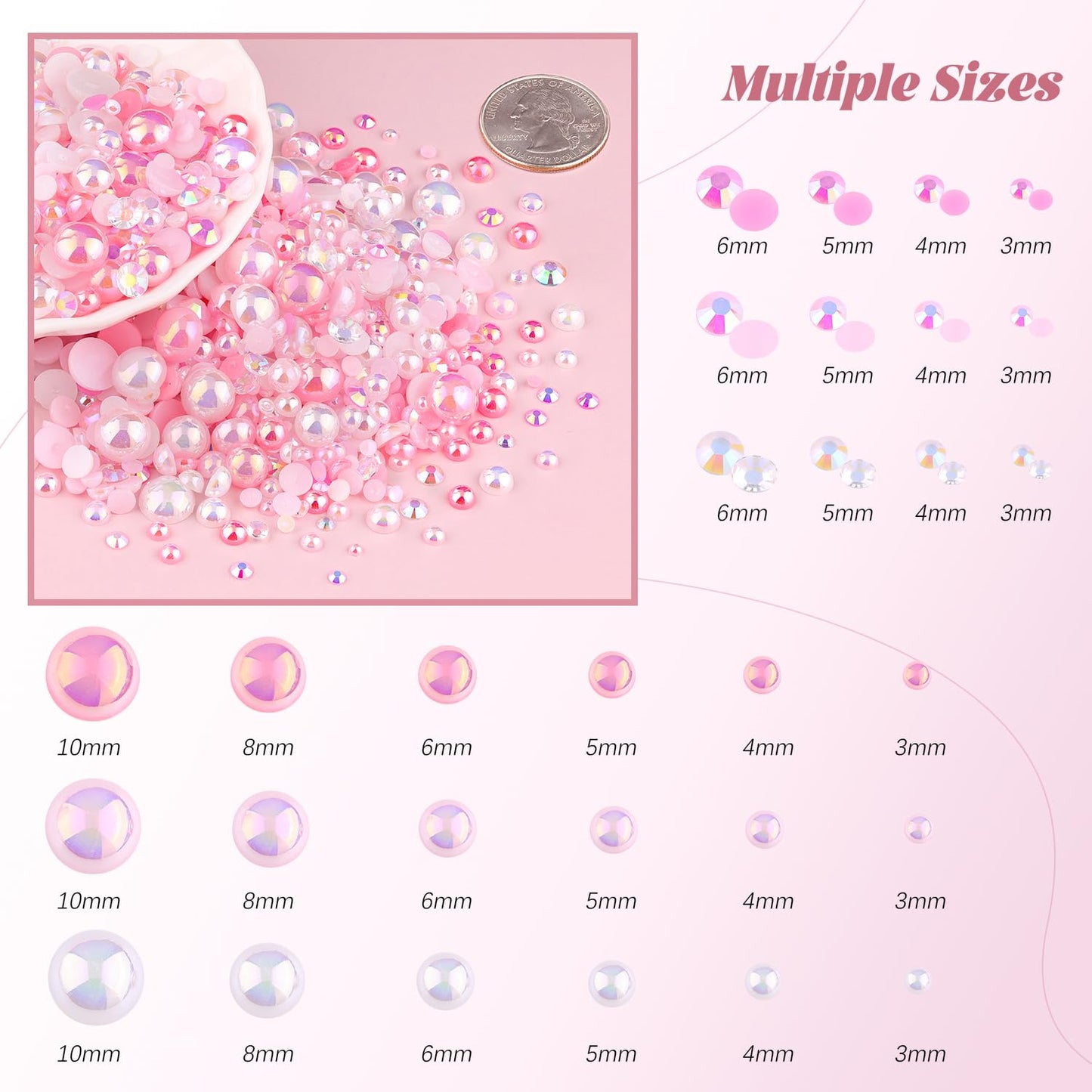 80g Flatback Pearls and Rhinestones for Crafting, Pink White Mixed Size 3-10mm Resin Rhinestones and Half Pearls for Bedazzling, Nail Art and Decoration with Tweezer and Pickup Pencil