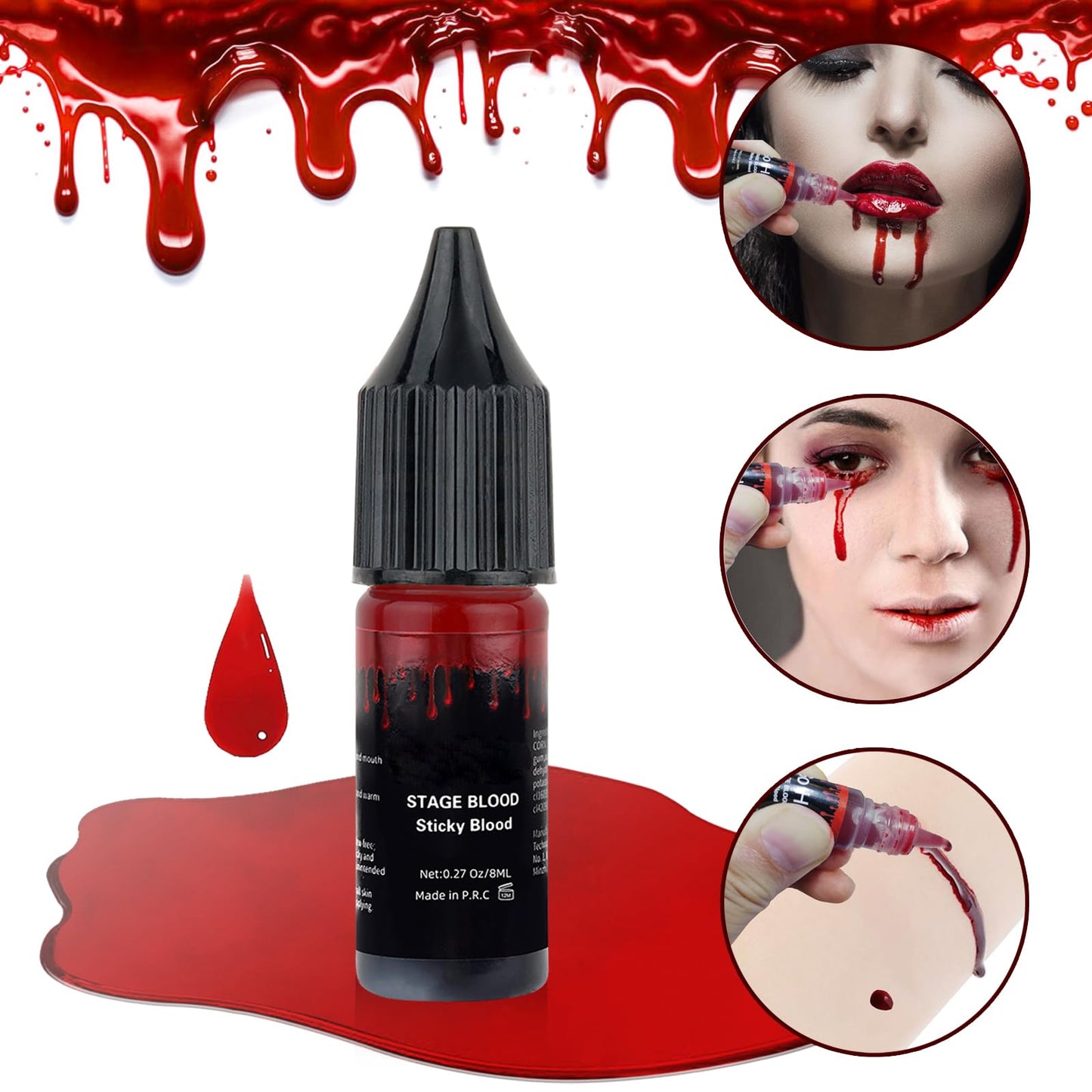 Go Ho Dripping Fake Blood Washable(0.27 oz),Edible Fake Blood Realistic Effect Sticky Vampire Blood Makeup for Eyes Drips Teeths Mouth Nose Bleeds,Halloween Cosplay SFX Zombie Vampire Makeup,Bright