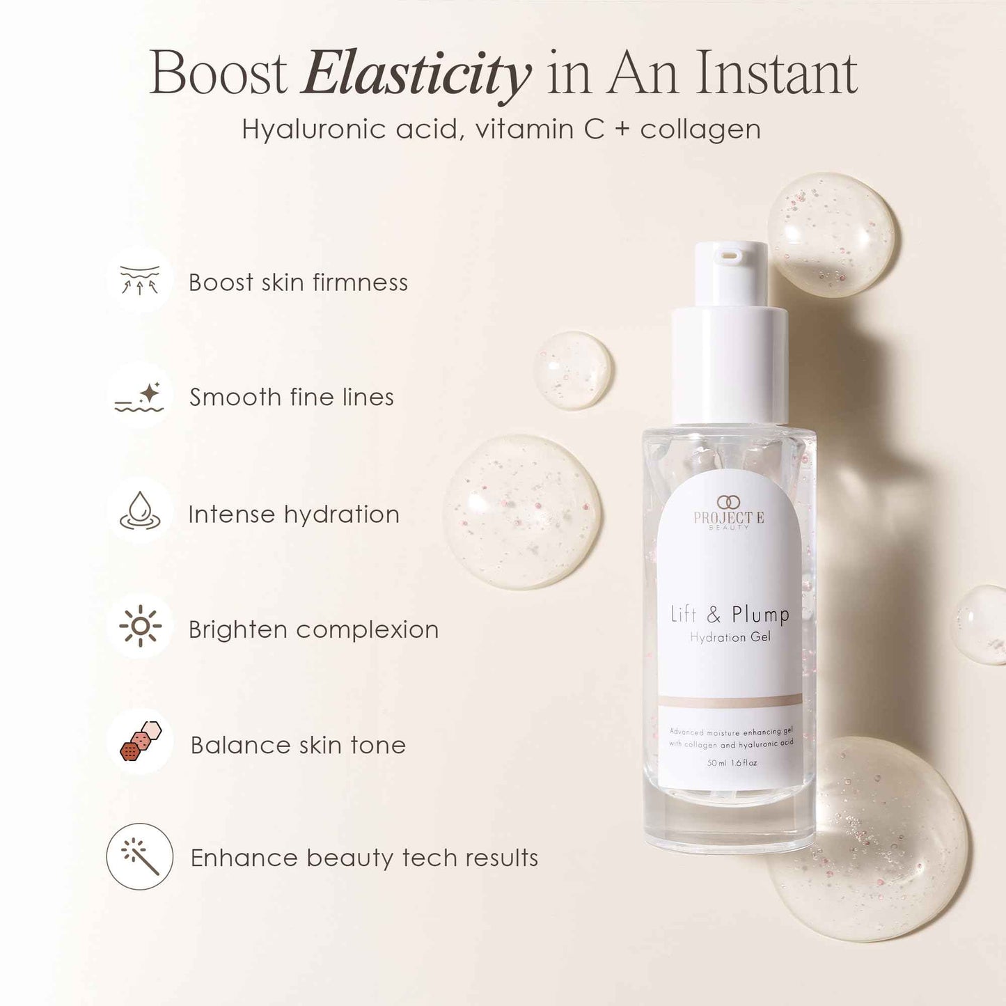 Lift & Plump Hydration Gel by Project E Beauty | 24-Hour Hydration | Anti-Aging Pore Tightening Treatment | Hydrating & Moisturizing Facial Skincare | Fine Lines and Wrinkles | 50ml