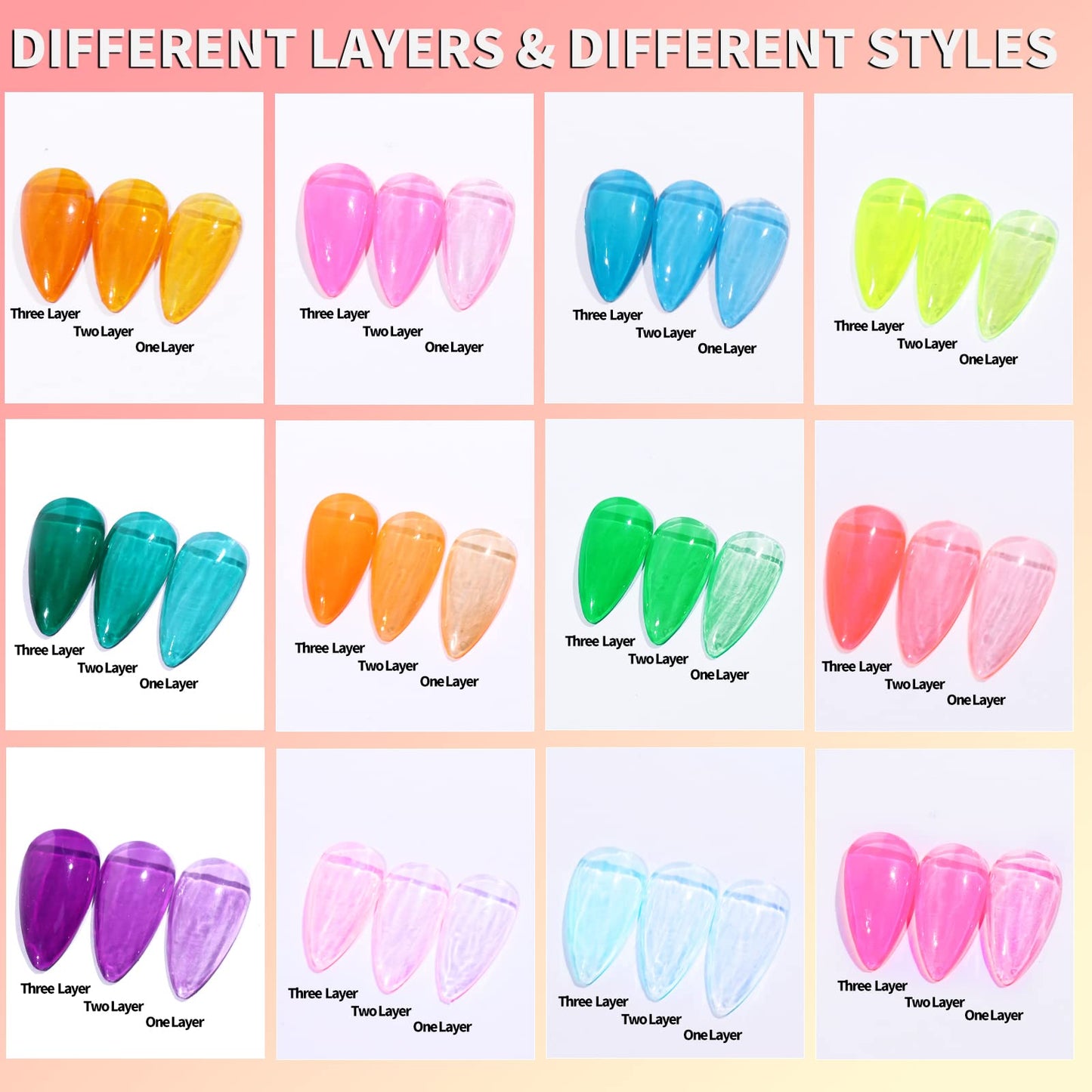 noirwhite Jelly Gel Nail Polish, 12 Pcs Glossy Trendy Colors Transparent Nail Polish Set Nude Pink Purple Green Blue Yellow Colors Jelly Nail Polish Kit UV LED Soak Off Home DIY Nail Art Salon