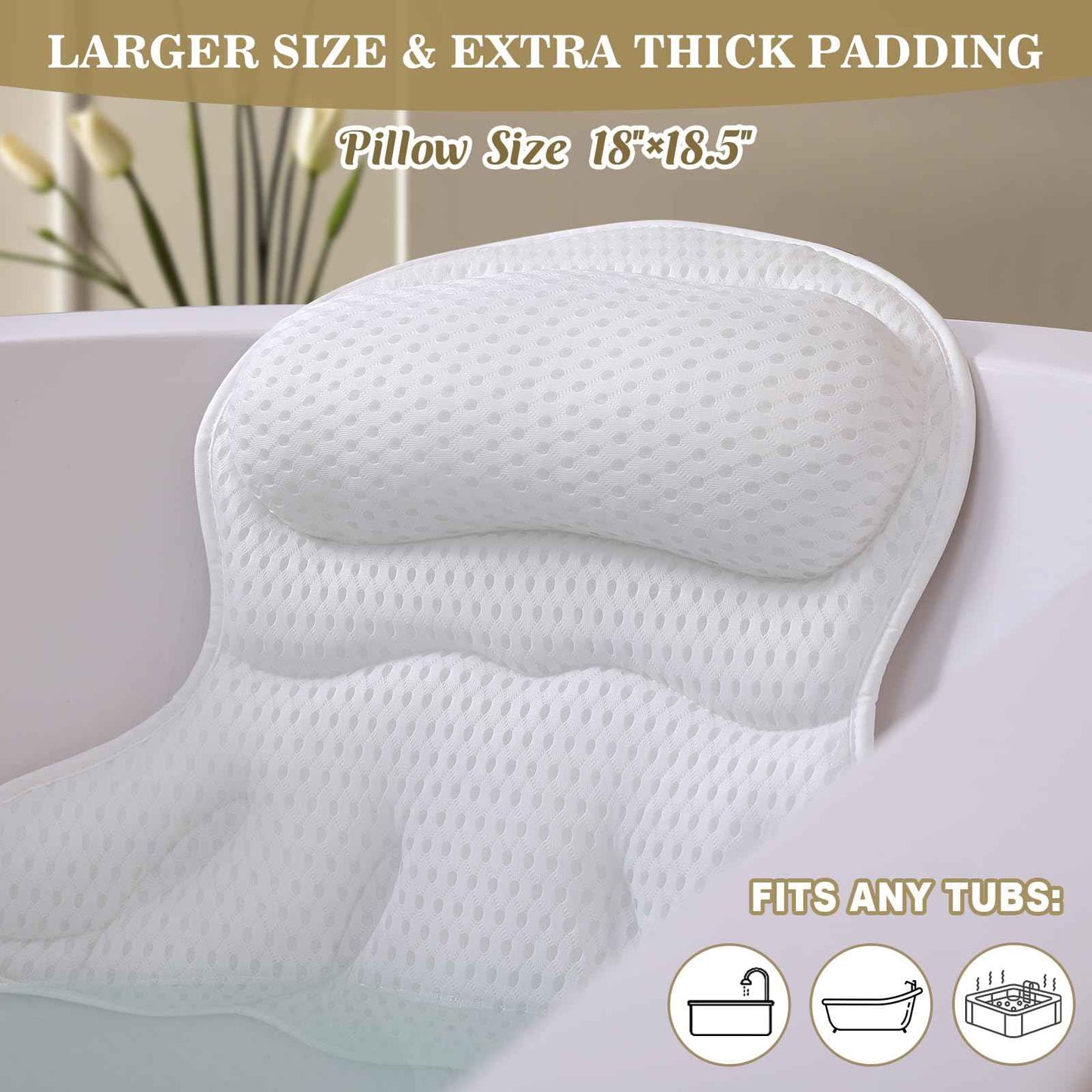 Bath Pillow Luxury Bathtub Pillow, Extra Soft & Comfortable Bath Pillows for Tub Head Neck and Back Support, with 4D Air Mesh Cushions & Non-Slip Suction Cups - Bath Accessories Spa Gifts for Women