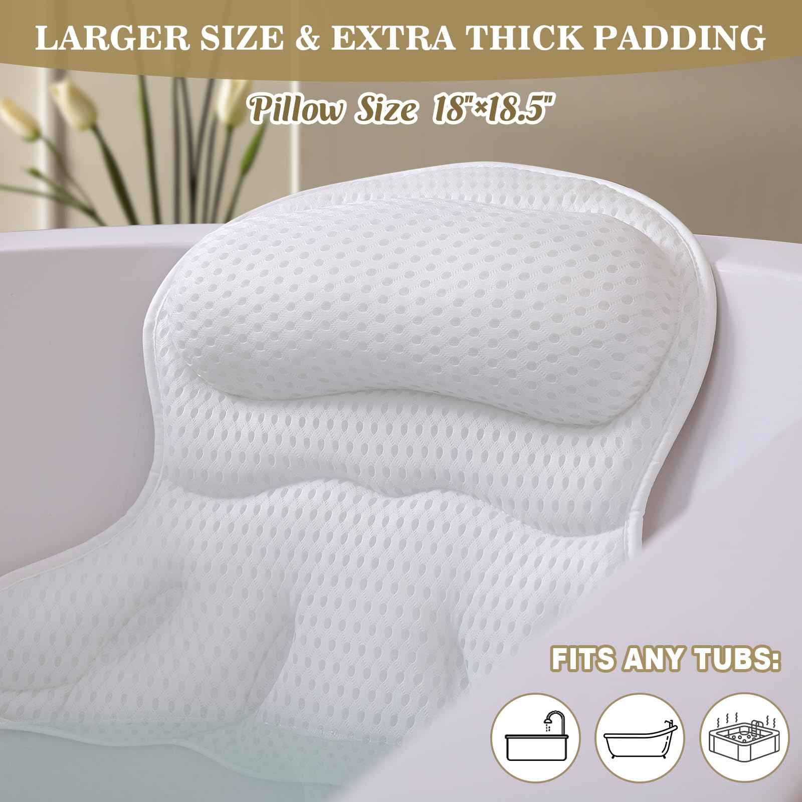 Bath Pillow Luxury Bathtub Pillow, Extra Soft & Comfortable Bath Pillows for Tub Head Neck and Back Support, with 4D Air Mesh Cushions & Non-Slip Suction Cups - Bath Accessories Spa Gifts for Women