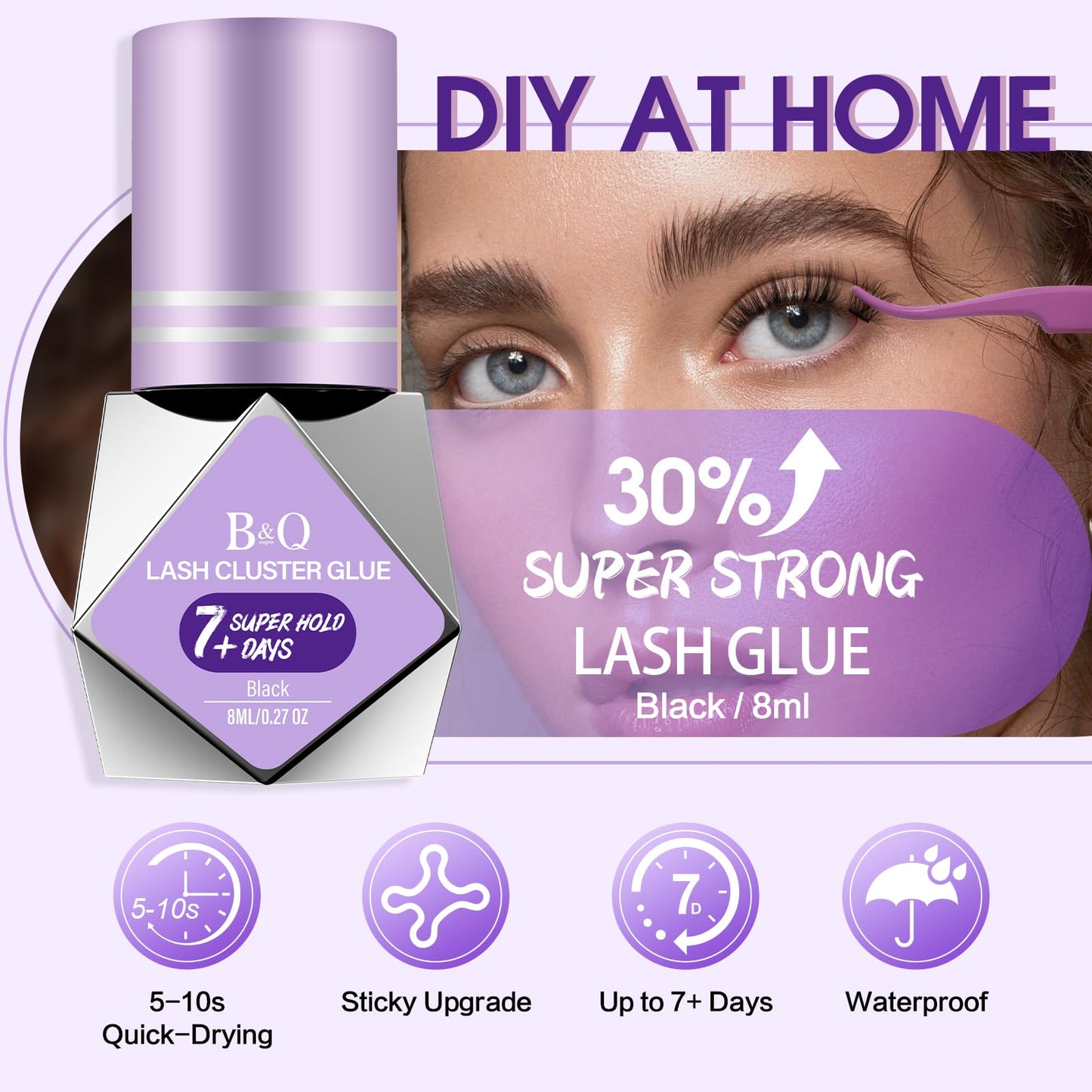 B&Q Lash Glue for Eyelash Clusters 8ML Eyelash Glue Super Lasting 7+ Days Eyelash Extension Glue Kit Waterproof Lash Extension Glue for Lash Clusters Black Lash Cluster Glue Fast Drying at Home(CNDJ)