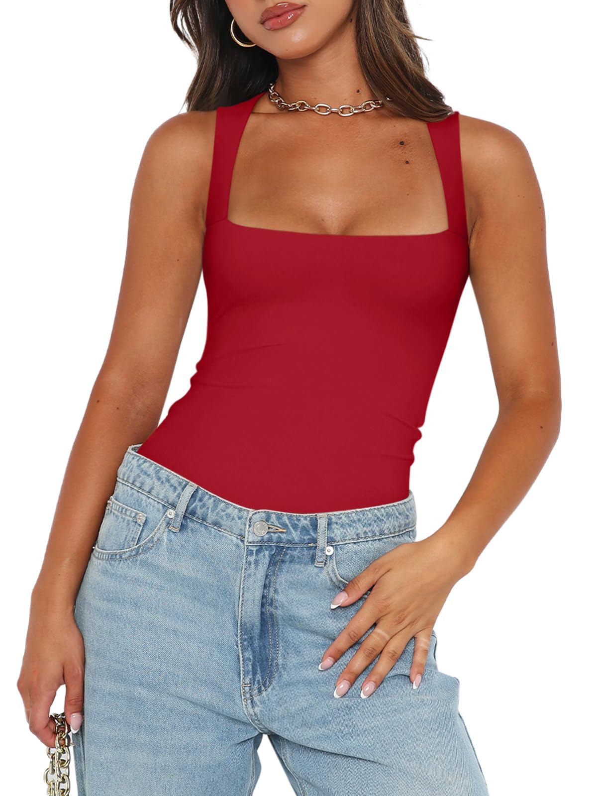 REORIA Womens Summer Sexy Sleeveless Square Neck Double Lined Going Out Cute Thong Bodysuit Tank Tops Red X-Small