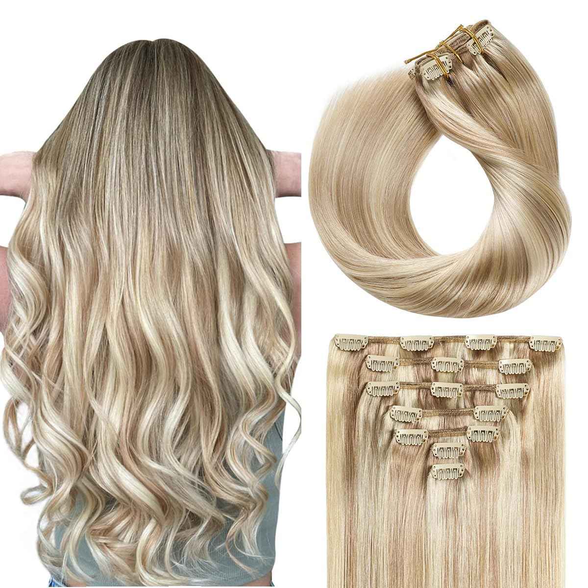 SUYYA Clip in Hair Extensions Real Human Hair 7 Pcs Human Hair Clip in Extensions Straight Remy Human Hair Extensions Clip ins for Women 12 Inch #P18/613 Ash Blonde Highlighted Bleach Blonde 70G