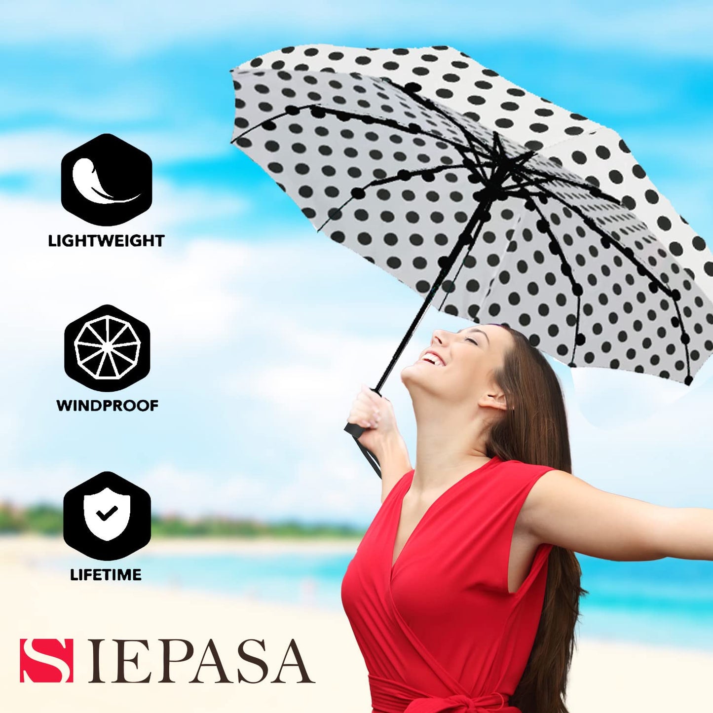 SIEPASA Windproof Travel Compact Umbrella-Automatic Umbrellas for Rain- Small Portable Windproof Umbrellas for Men Women Teenage. (White Polka Dots)