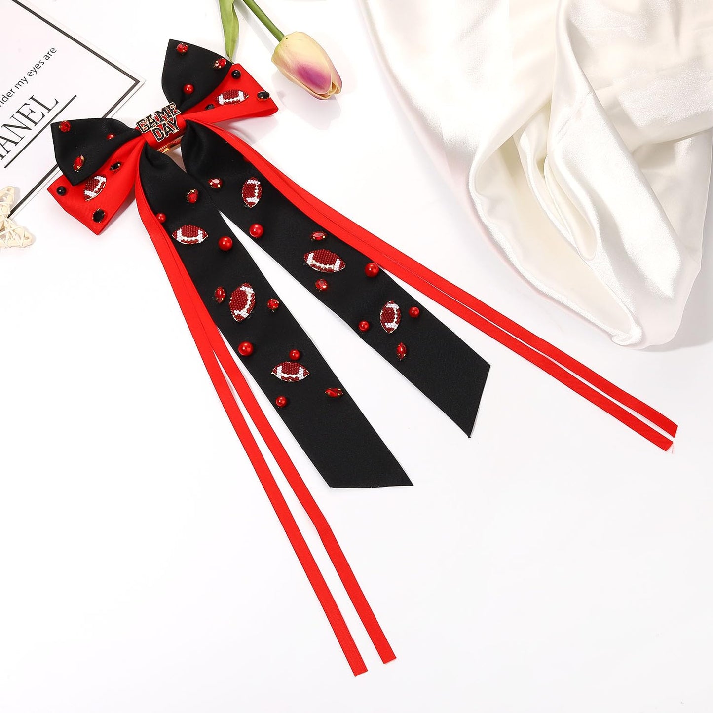 Football Hair Bows for Women Football Accessories Outfits Crystal Embellished Big Hair Bows Satin Hair Ribbons Red Black Football Cheer Bows Spirit Field Day Accessories Party Favors (Pattern A1)