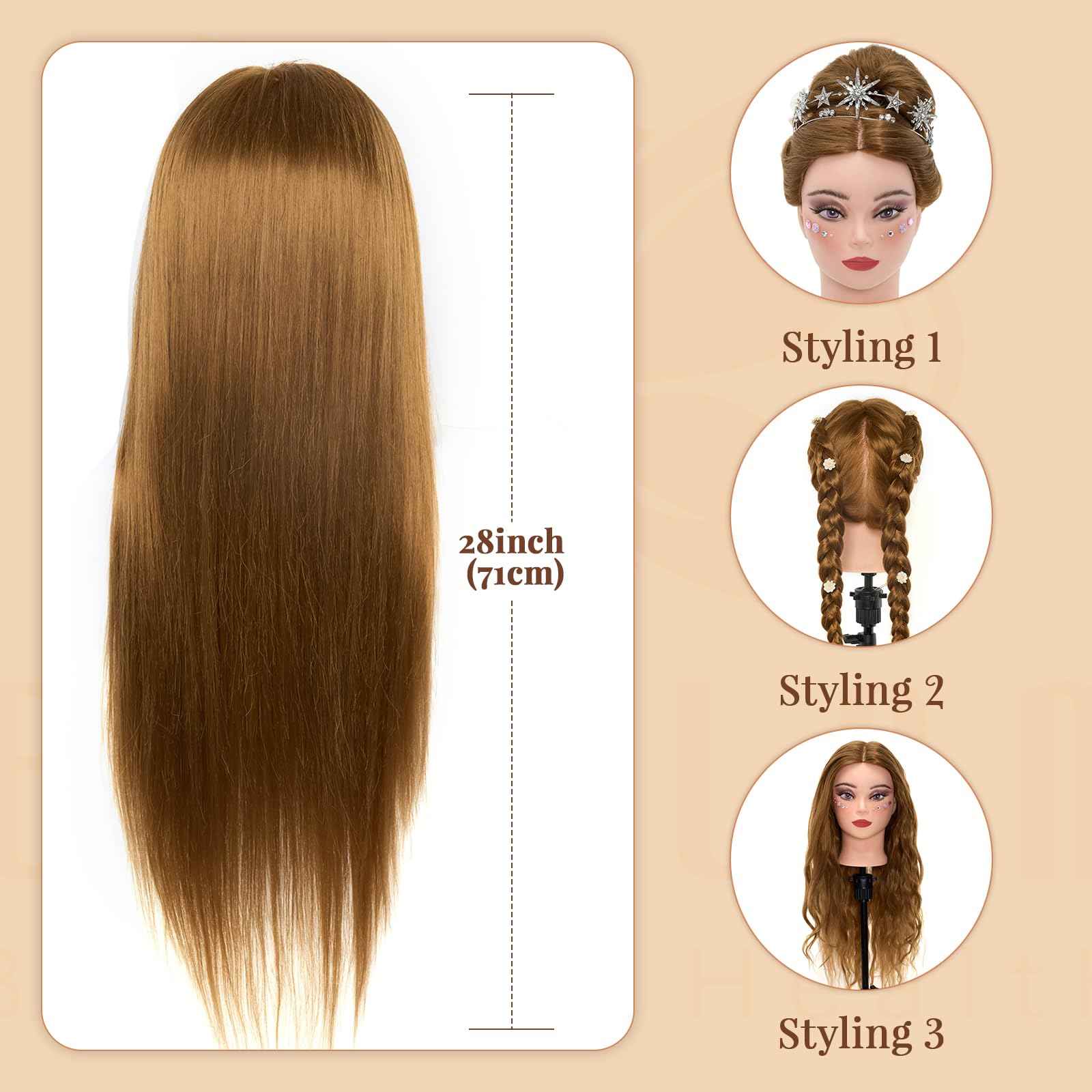Mannequin Head with 80% Real Human Hair, 28“ Make up Cosmetology Manikin Practice Head with Hair,Braiding Hairdressing Doll Head with Table Clamp + DIY Hair Styling Set Suitable for Hair Extensions