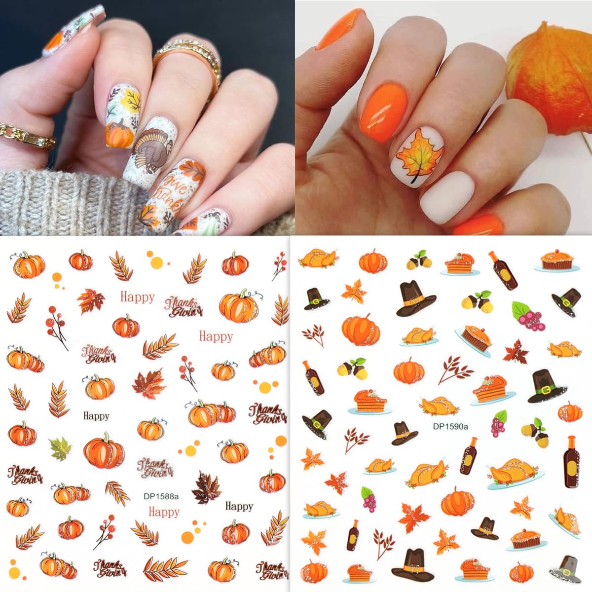 6 Sheets Fall Nail Art Stickers 3D Thanksgiving Pumpkins Nail Decals Glitter Design Turkey Maple Leaves Nail Stickers Self-Adhesive Autumn Nail Supplies for Women DIY Holiday Manicure Accessories