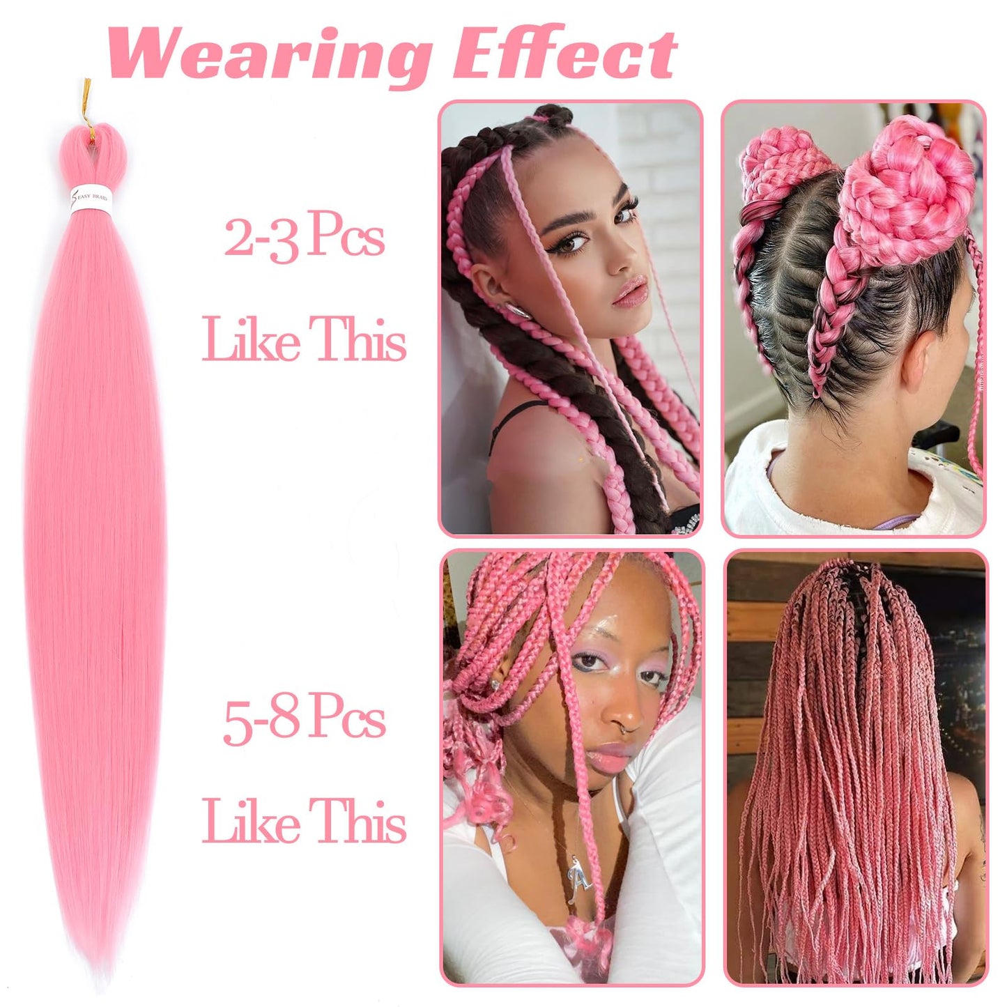 Royota Pink Braiding Hair Pre stretched 26 inch 3 Pieces Easy Braid Prestretched Colored Soft Yaki Pink Knotless Hair Extensions for Box Crochet Braids (Pink,26inch)