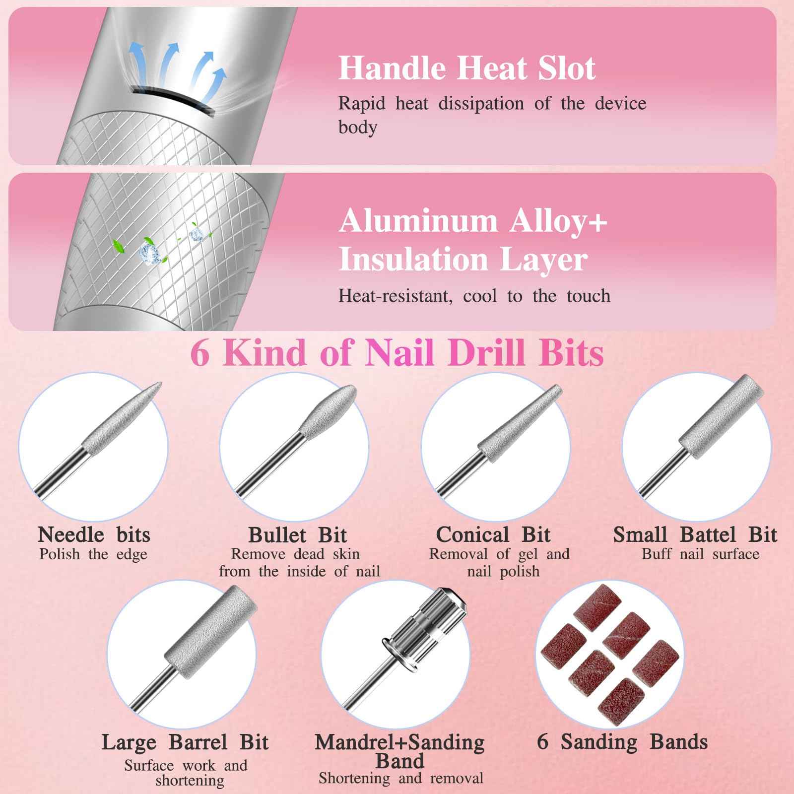 Professional Electric Nail Drill File,45000RPM Portable Machine E File with Bits & Base,Rechargeable Cordless Nail Drill Kit for Shaping,Removing & Polishing Acrylic Nails Gel for Salon Home (Pink)