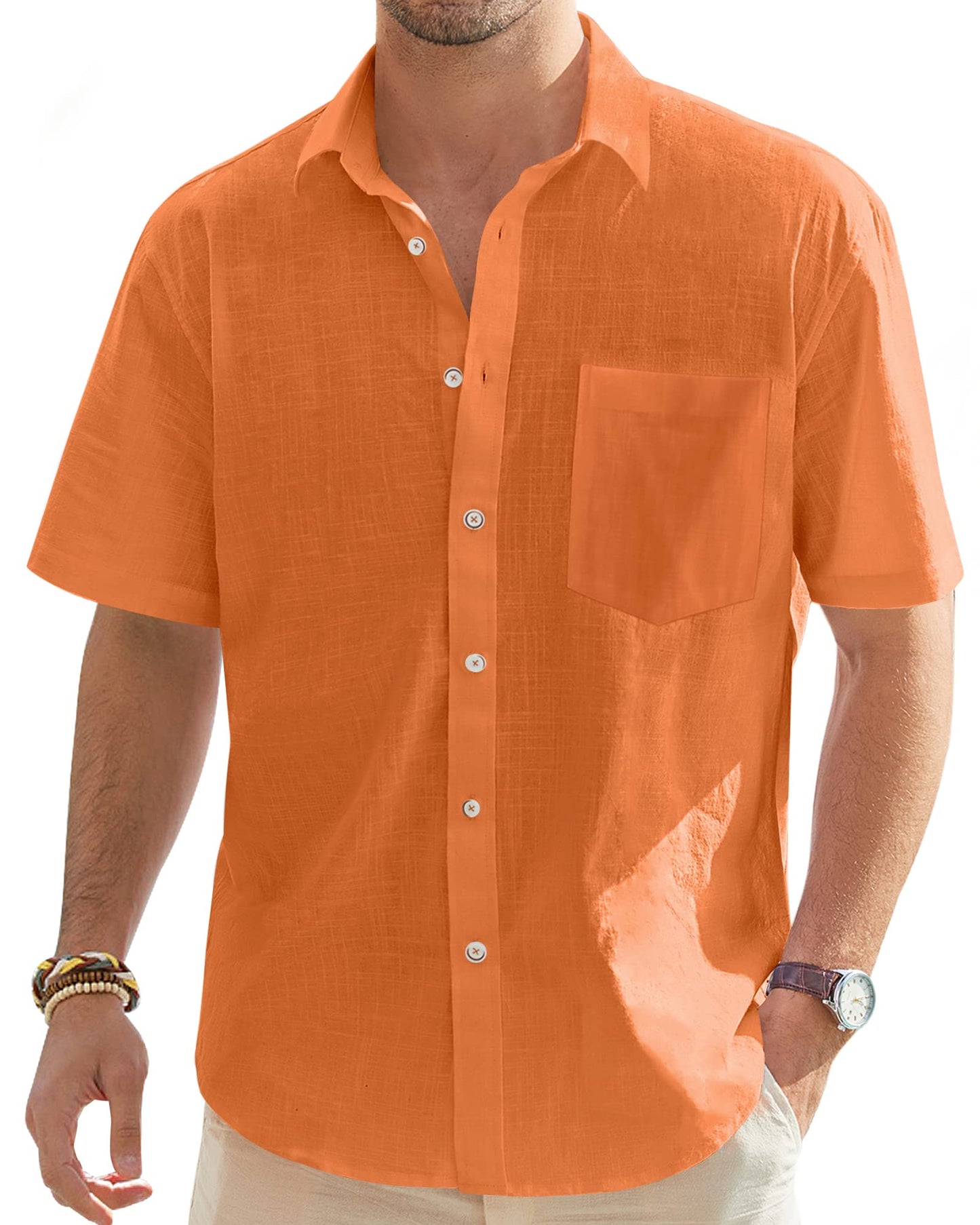 J.VER Men's Half Sleeve Linen Shirts Solid Casual Button Down Shirts Summer Beach T-Shirt with Pocket Orange Medium