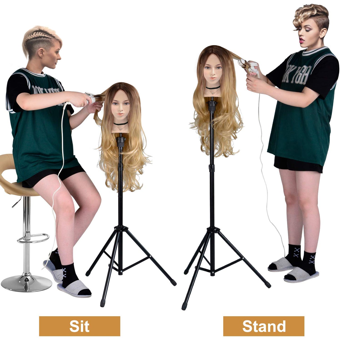 Klvied Reinforced Wig Stand Tripod Mannequin Head Stand, Adjustable Holder for Cosmetology Hairdressing Training with T-with Caps, T-Pins, Comb, Hair Clip, Carrying Bag