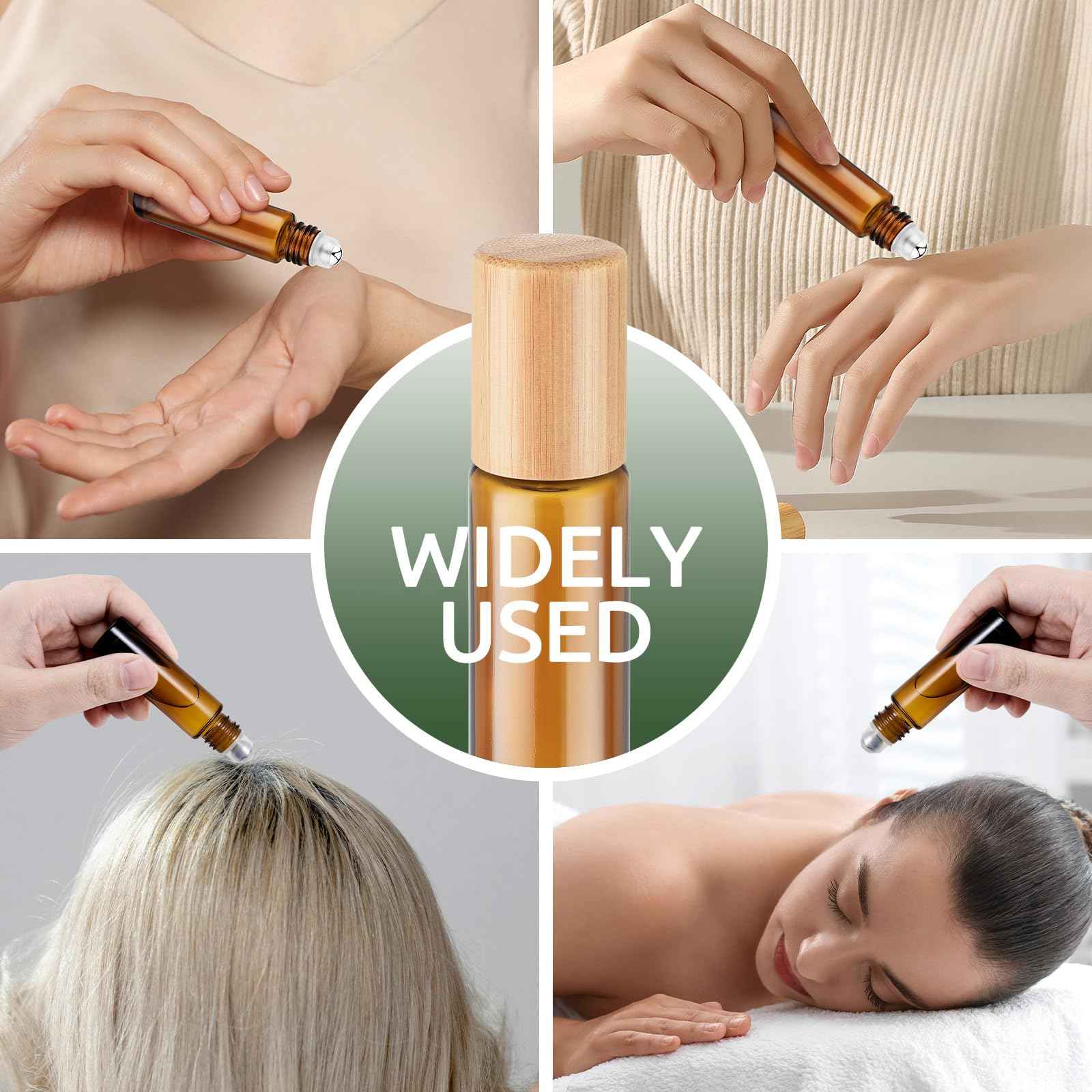 bofessor 4 Pack Essential Oil Roller Bottles, 10ml Amber Glass Rollerballs with Bamboo Plastic Caps - Empty Refillable Travel Roll-On Containers for Perfume & Essential Oils