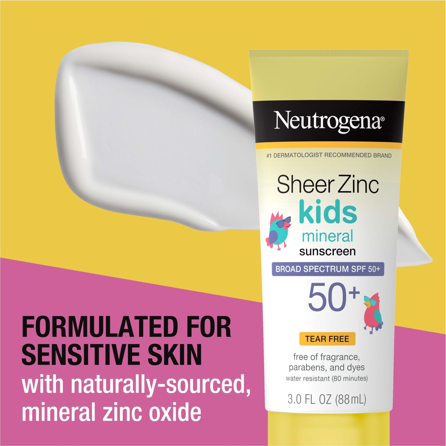 Neutrogena Kids Mineral Sunscreen Sheer Zinc Oxide Lotion, Broad Spectrum SPF 50 with UVA/UVB Protection, Water Resistant for 80 Minutes, Fragrance and Tear Free, 3 FL OZ