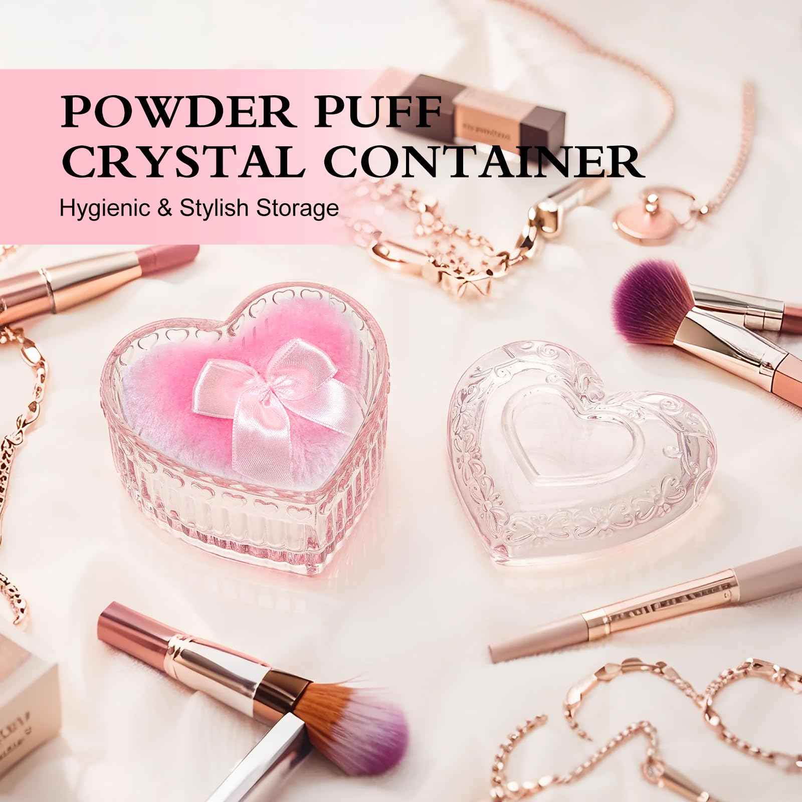 2 Pieces Large Body Powder Puff and Container Powder Container with Puff, Dusting Powder Puff Crystal Case, Body Powder for Women Soft Washable Reusable Velour Face Body Glitter Wet Dry Makeup(Love)