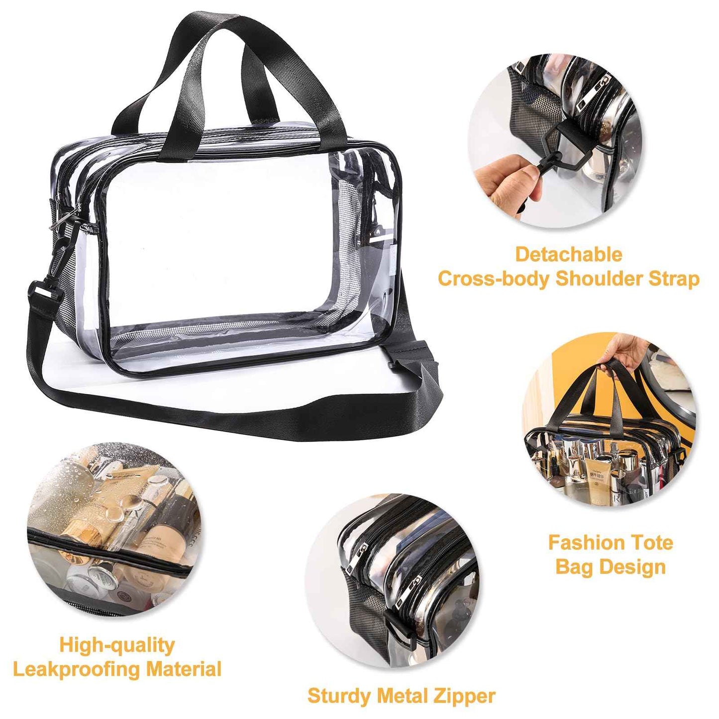 Officentra Clear Toiletry Bag for Women with Zipper–Clear Makeup Bag with Shoulder Strap & Handheld Handles – Stadium Bags for Women with Wet/Dry Compartments for Concerts, Travel, Work & Sports