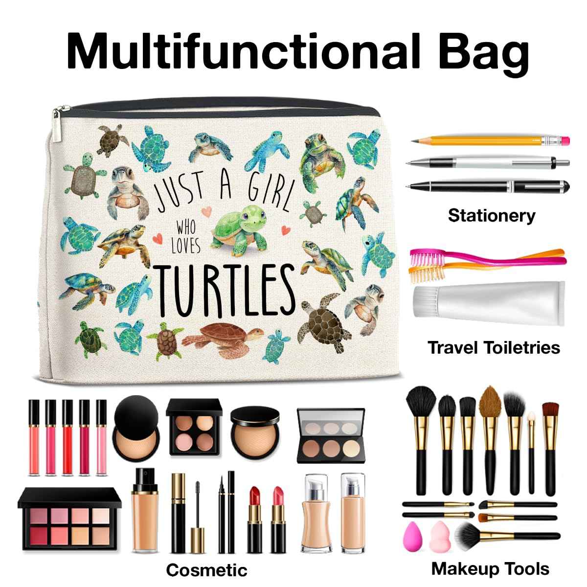 YeleY Sea Turtle for Women Turtle Lovers - Turtle Ideas - Turtle Lovers Makeup Bag for Teen Girl - Just a Girl Who Loves Turtles Cosmetic Bag Makeup Zipper Pouch