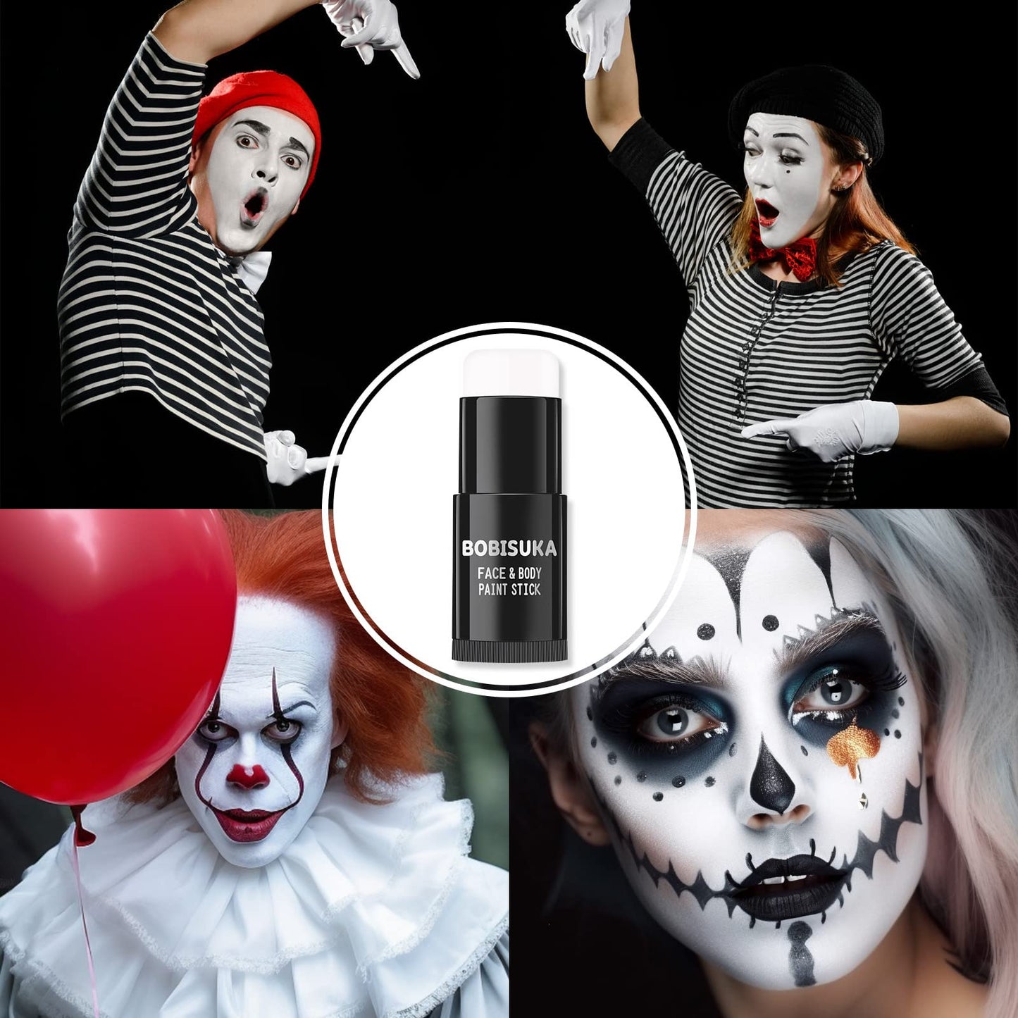 BOBISUKA White Face Paint Stick + Setting Powder+ 2 Paintbrushes Set, Clown Makeup Body Paint Eye Black Sticks for Sports, White Painting Kit for Halloween Skeleton Skull Special Effects SFX